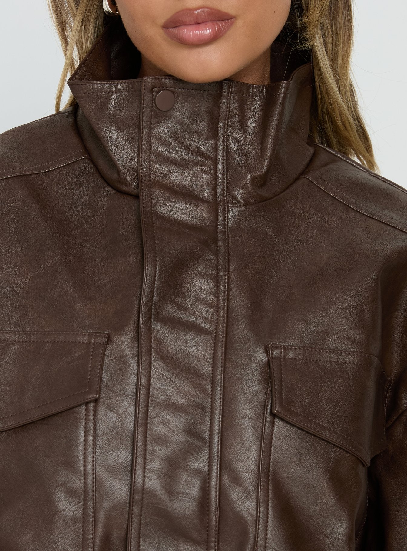 Ace Player Funnel Neck Faux Leather Jacket Brown - Image 6