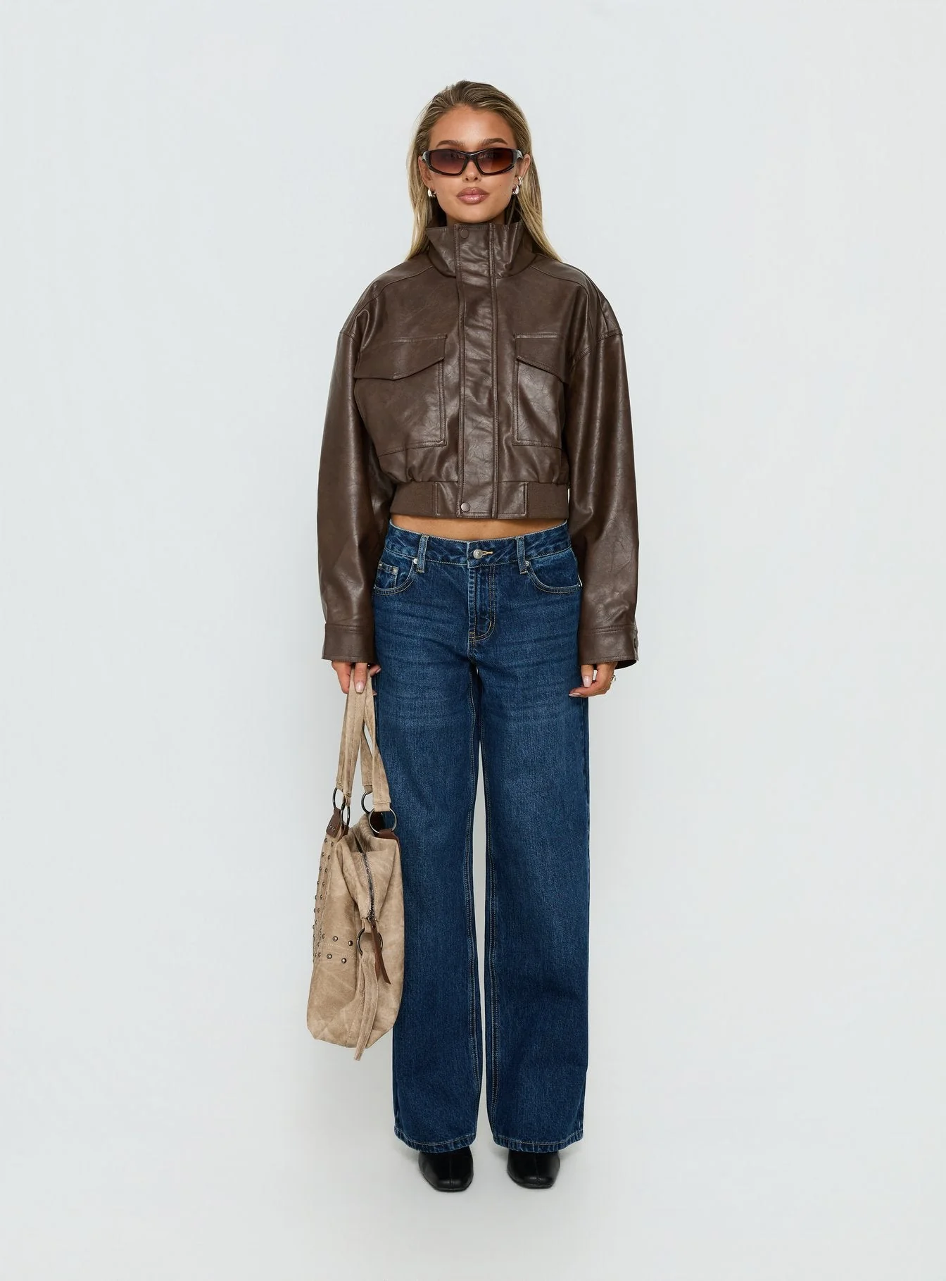 Ace Player Funnel Neck Faux Leather Jacket Brown - Image 7