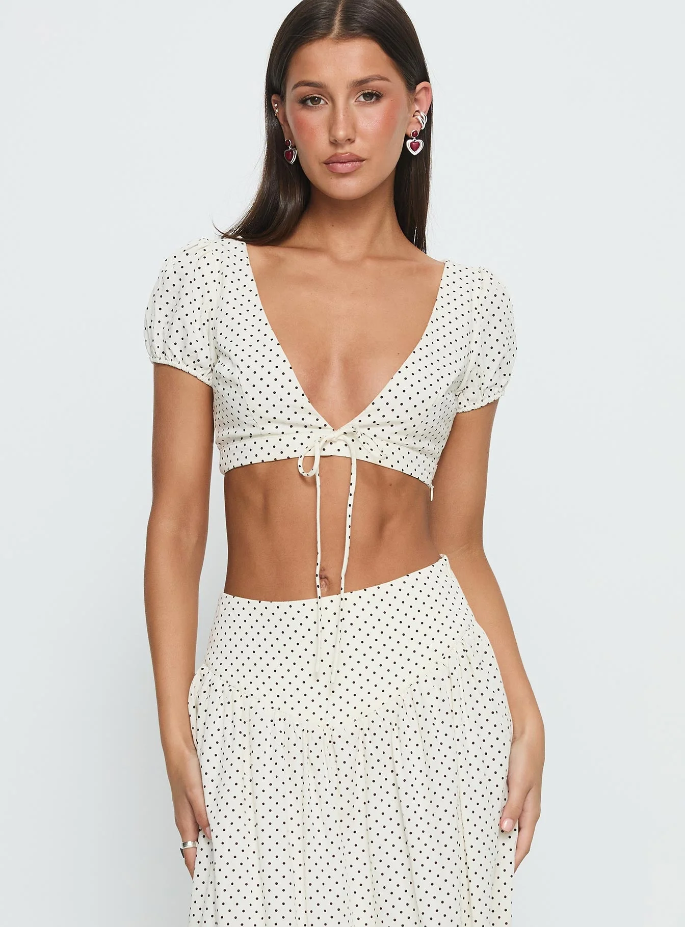 Alletta Tie Up Micro Crop Top Cream Polka - Image 2