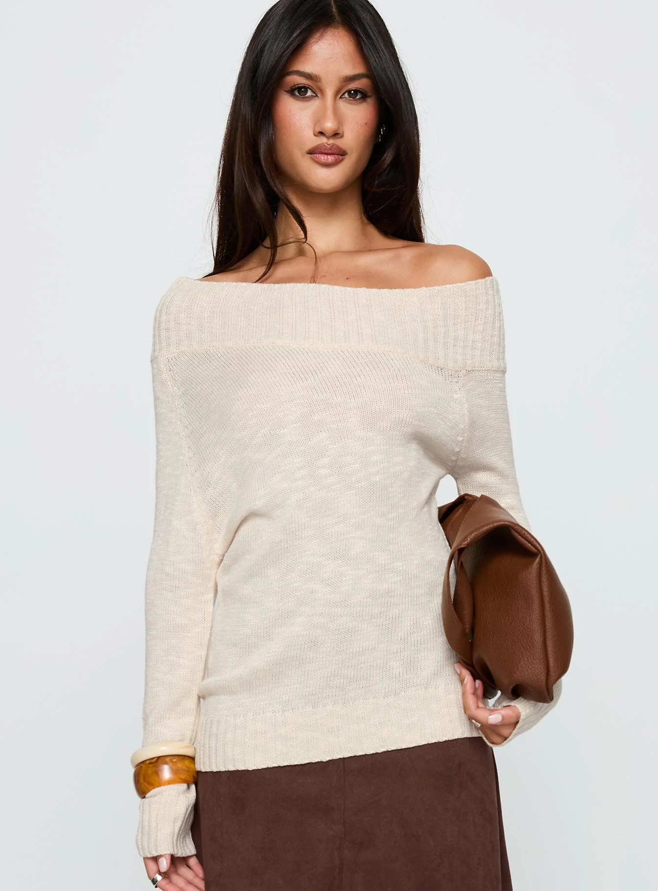 Alyxandra Off Shoulder Knit Sweater Beige - Image 2