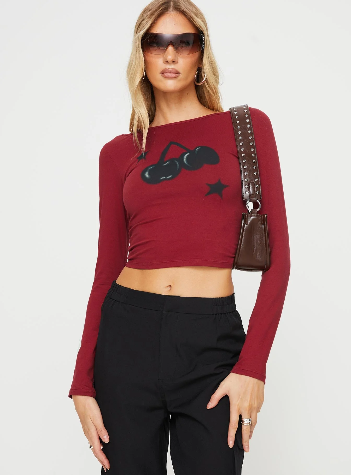Amabon Cherry Print Long Sleeve Top Adrenalin Red - Image 2