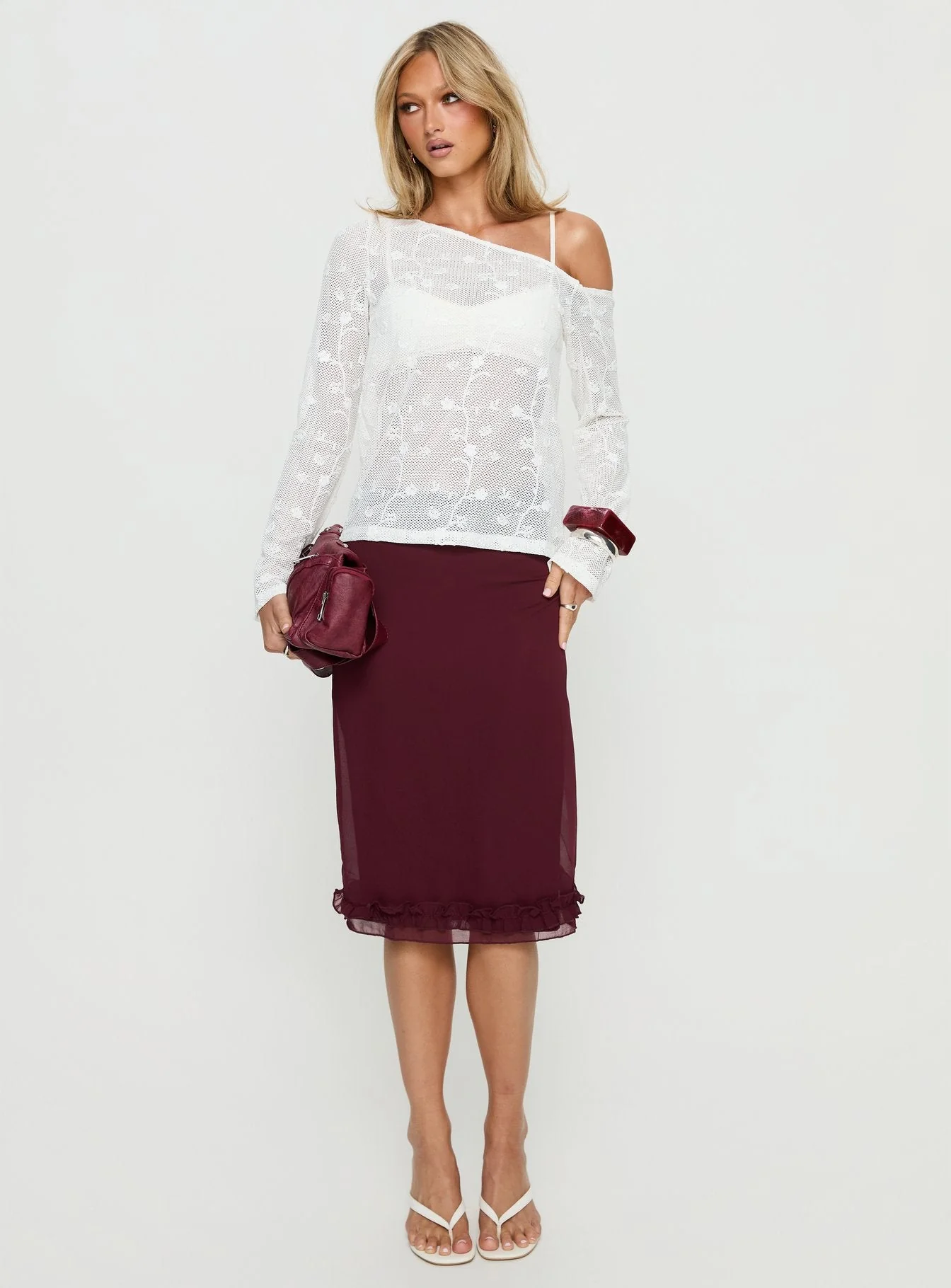 Aricella Sheer Off Shoulder Long Sleeve Top White - Image 3