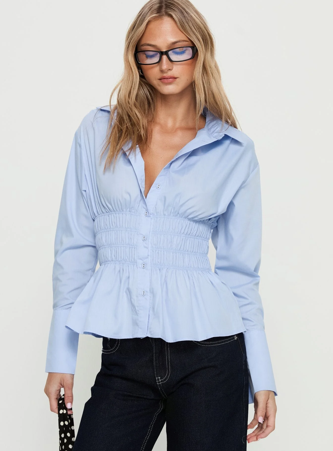 As You Are Shirred Button Up Top Soft Blue - Image 2