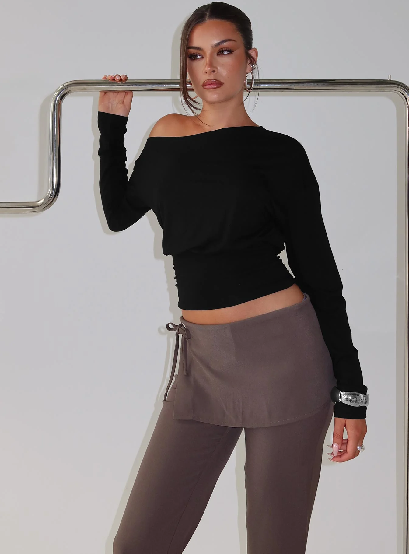 Ashlinn Off Shoulder Long Sleeve Drapey Top Black