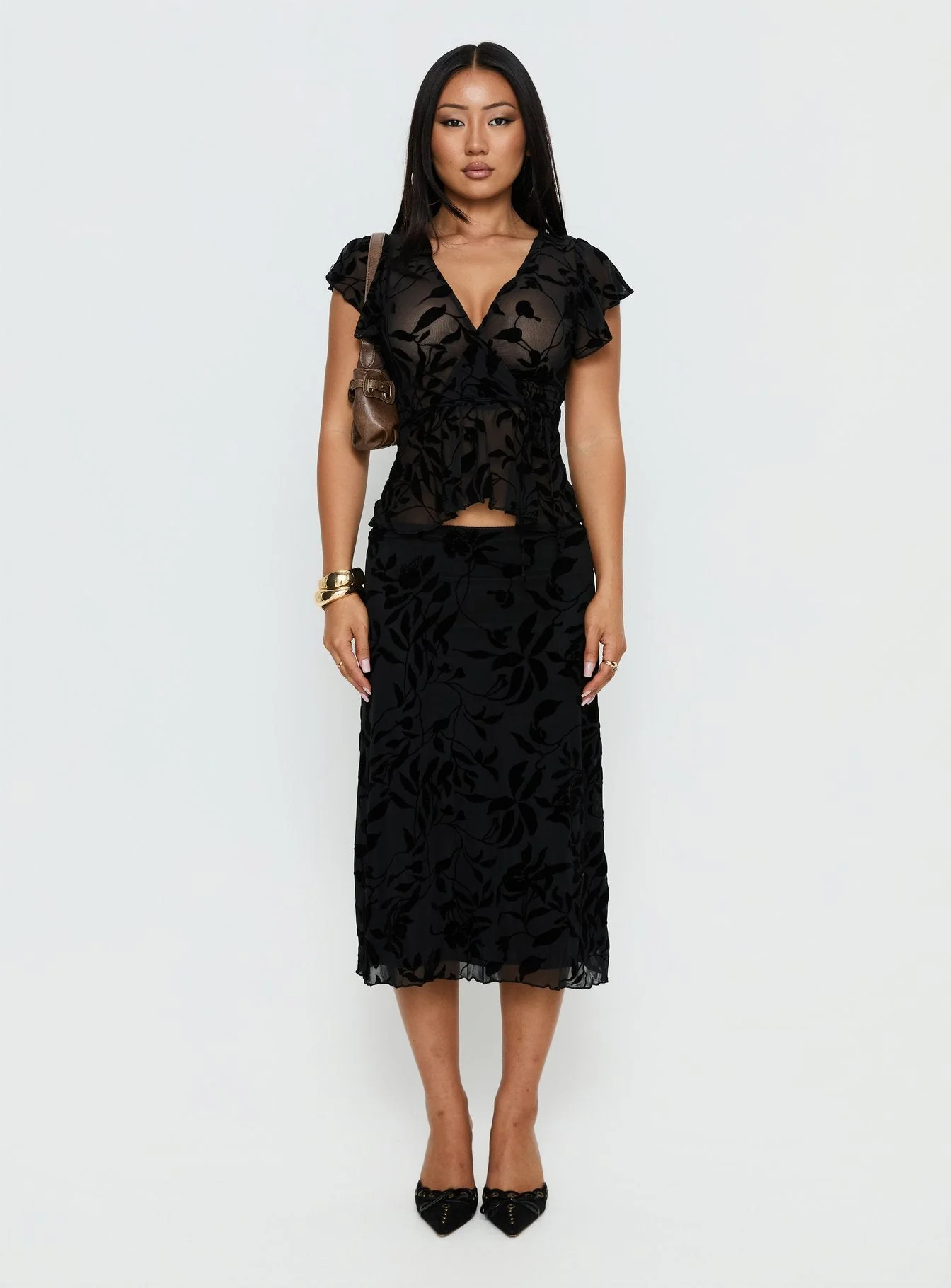 Atira Midi Skirt Leaf Flower Black - Image 6