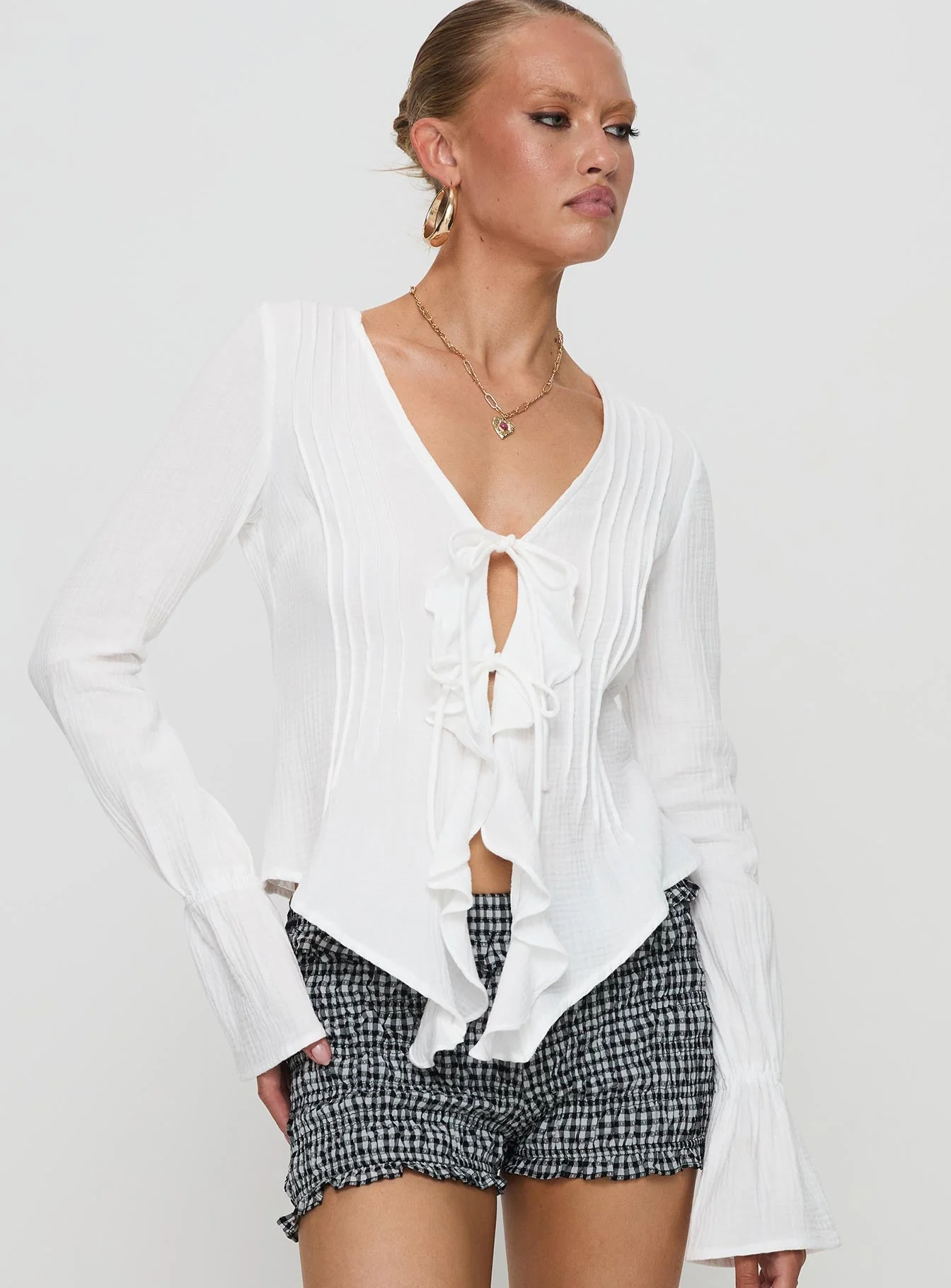Bonheur Ruffle Long Sleeve Top White - Image 2