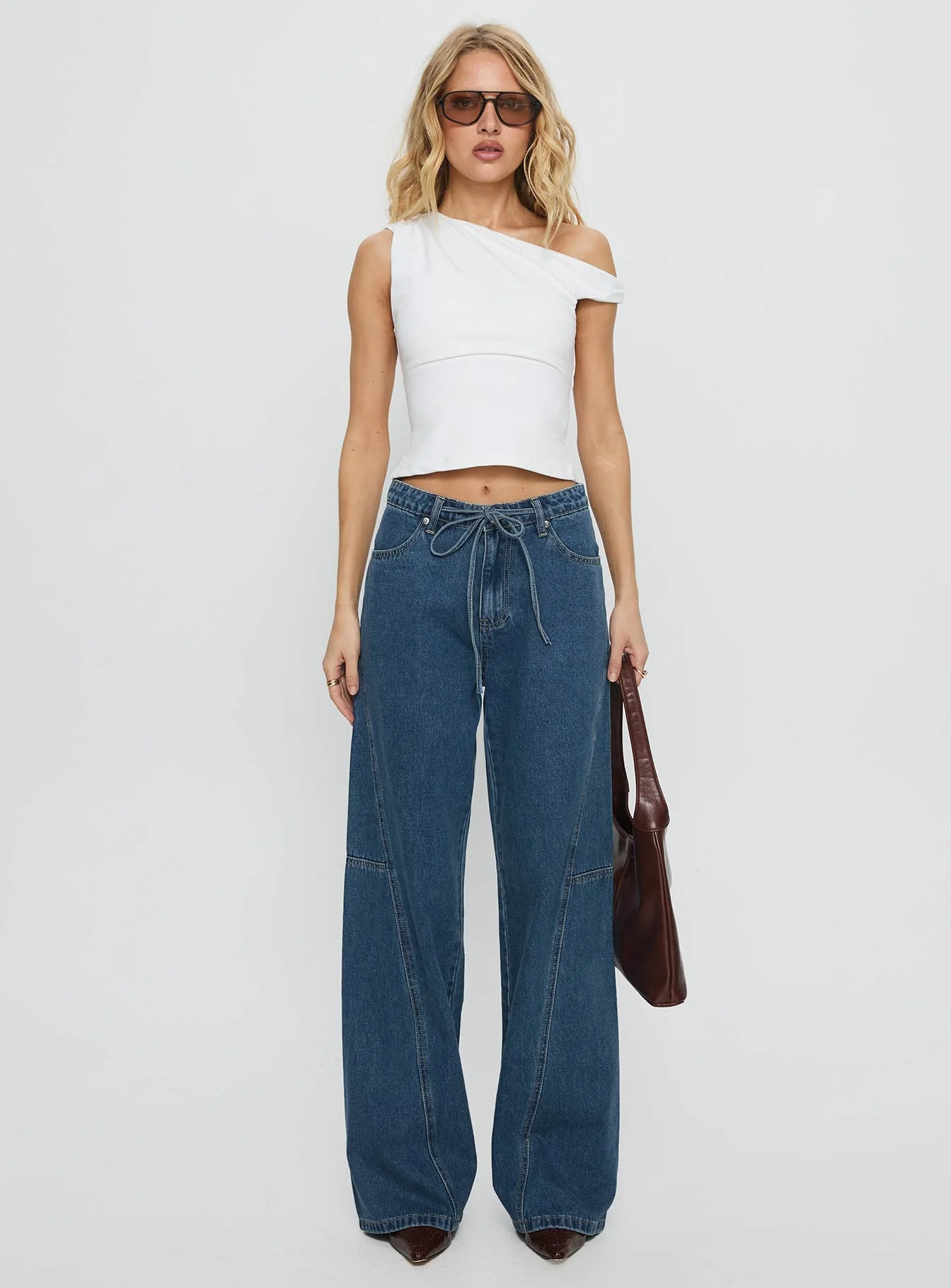 Bruiser Tie Waist Mid Rise Wide Leg Jeans Mid Blue Wash - Image 7