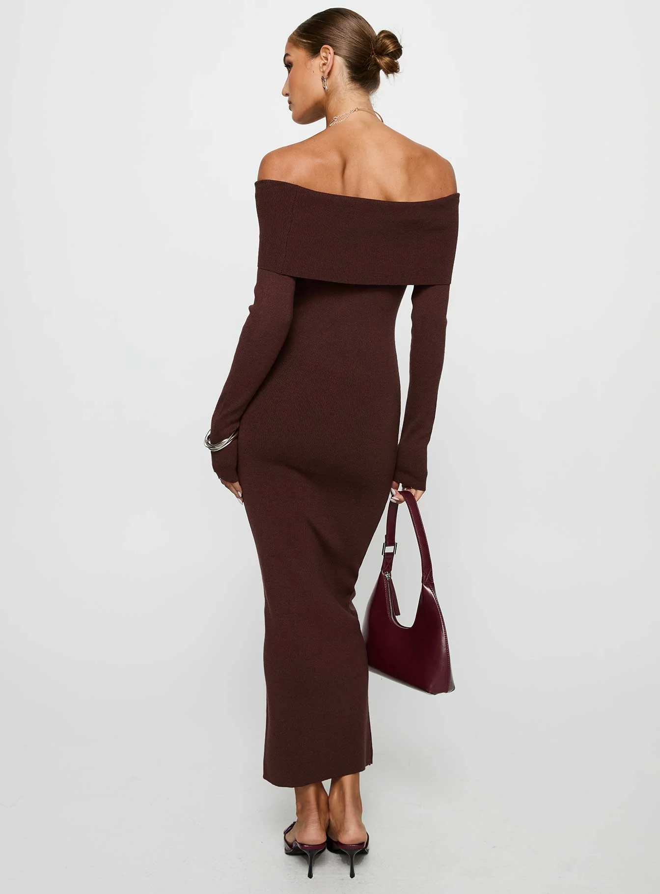 Celestara Long Sleeve Off Shoulder Maxi Dress Chocolate - Image 4