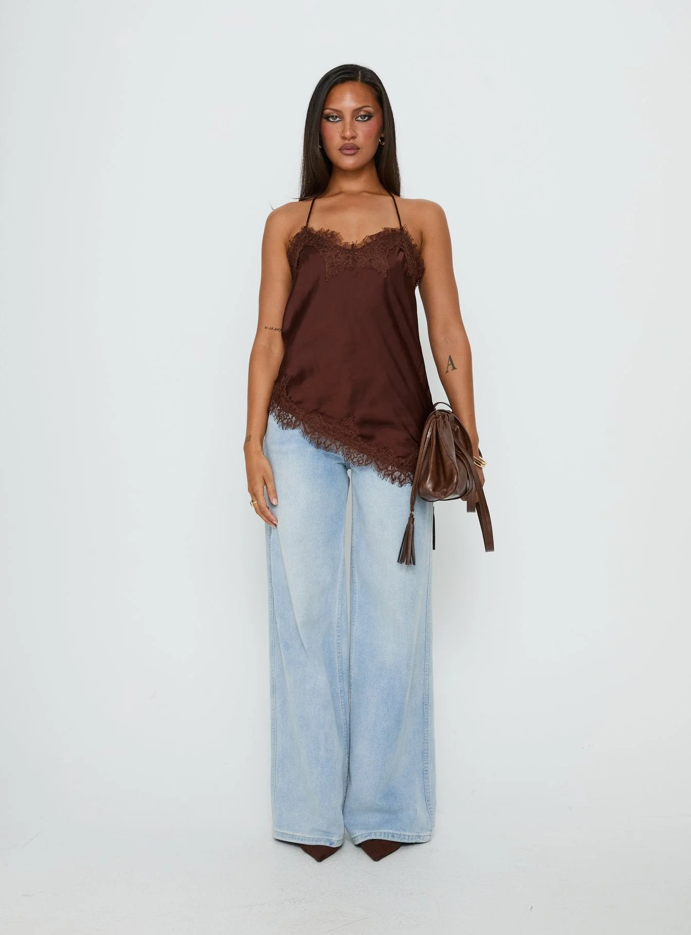 Cosetta Lace Trim Asymmetrical Cami Top Chocolate - Image 8