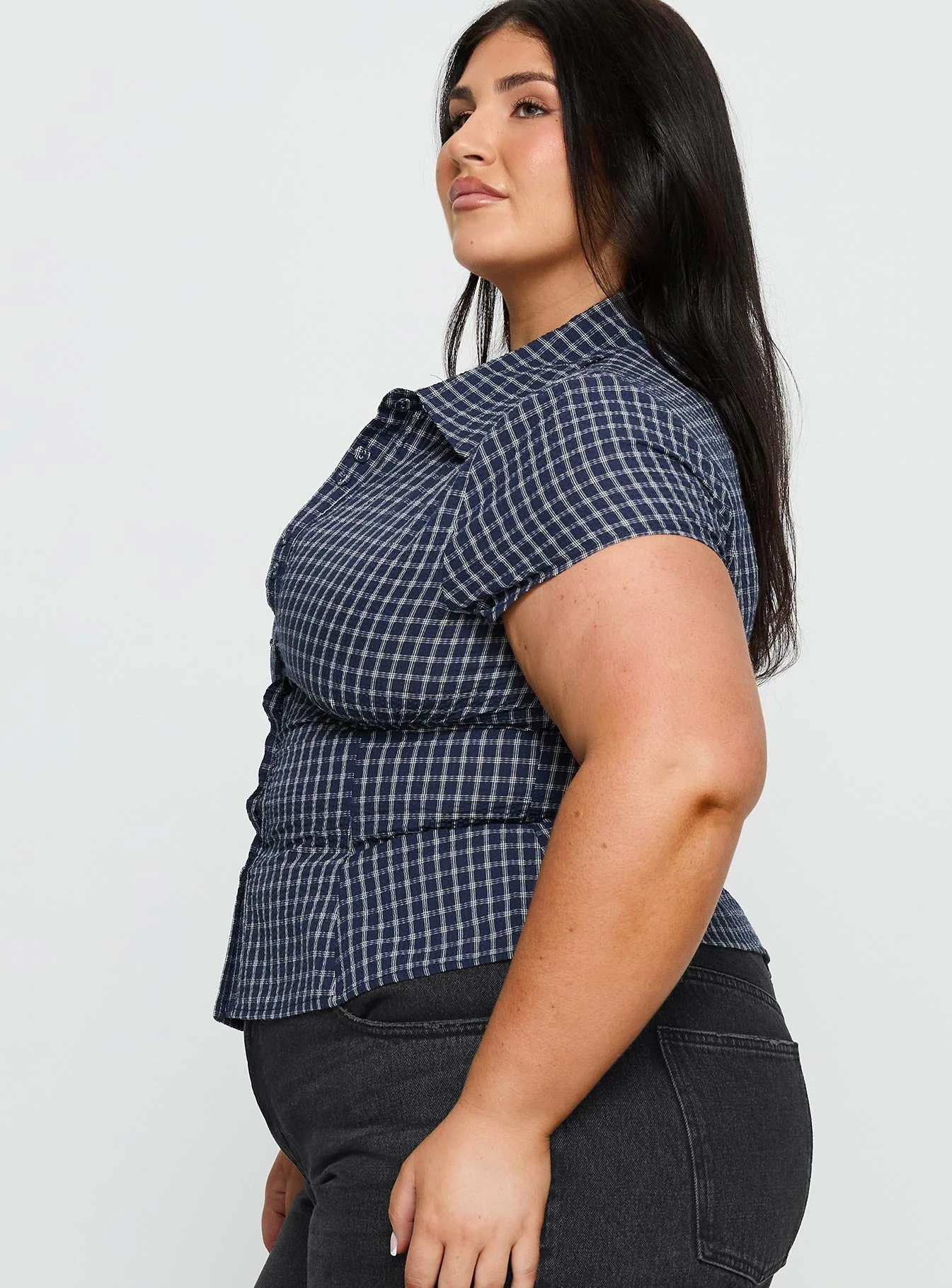 Cottesloe Blouse Top Navy Check Curve - Image 3