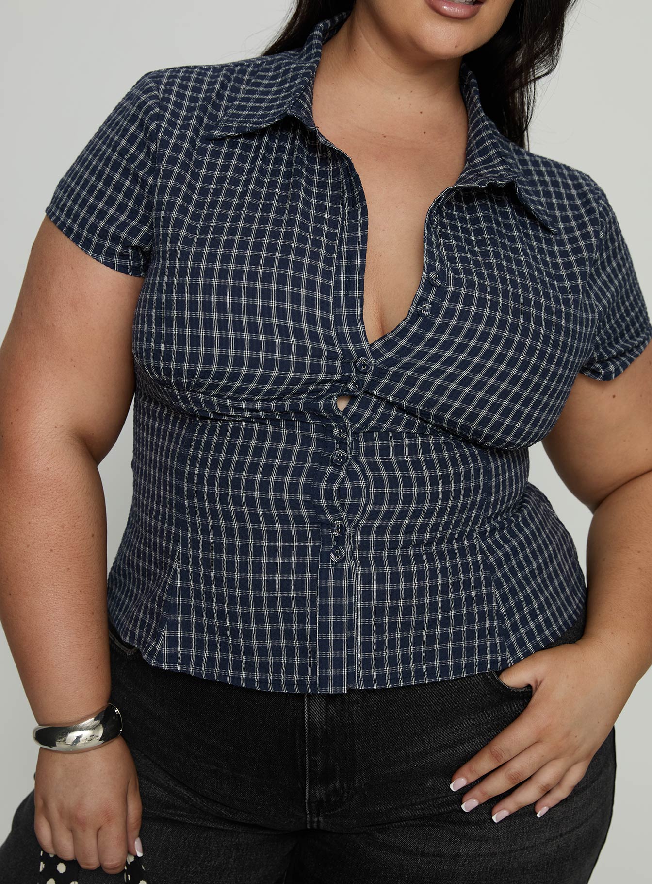 Cottesloe Blouse Top Navy Check Curve - Image 5