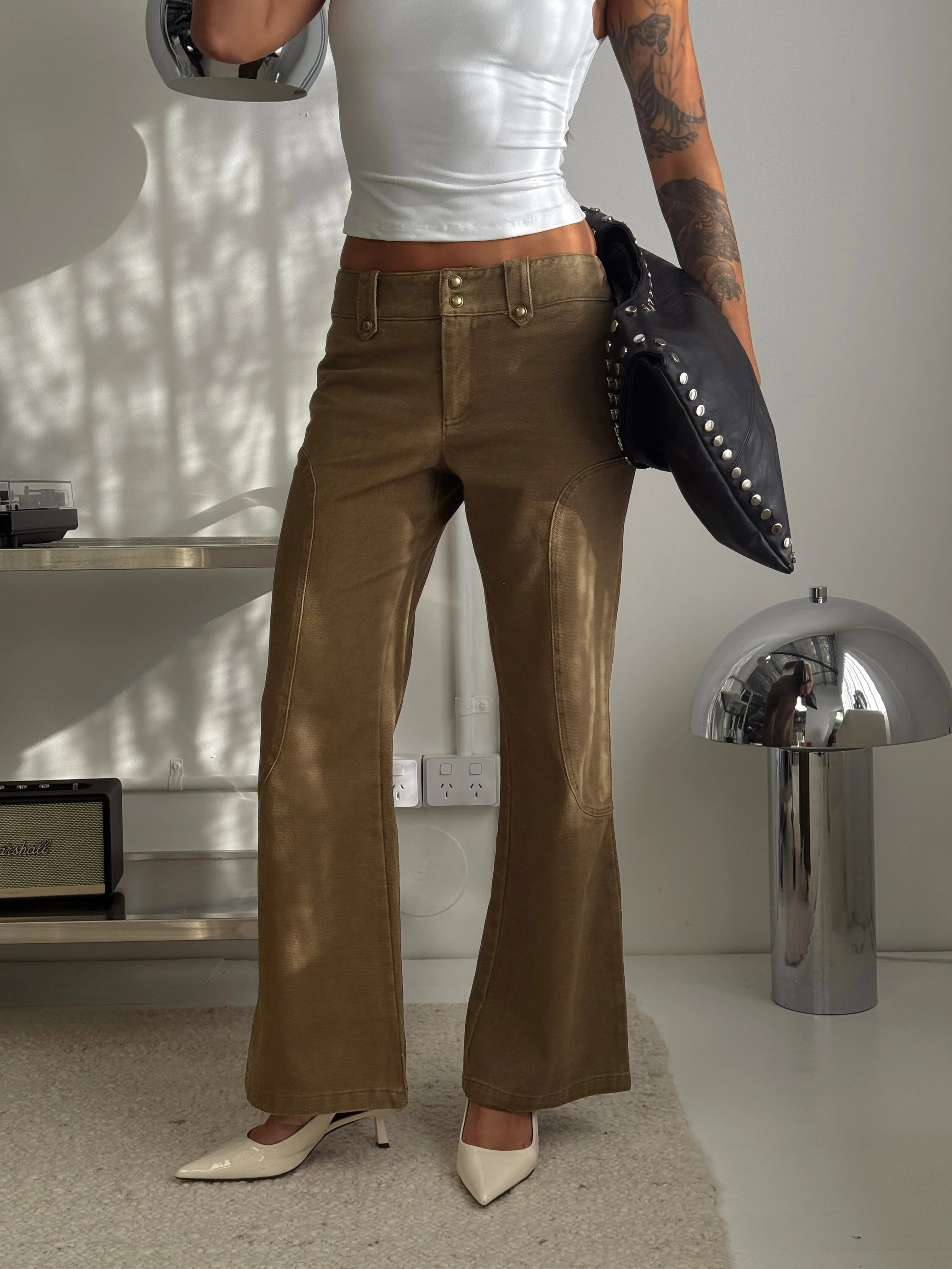 Cuzco Low Rise Flared Cargo Jeans Dark Khaki