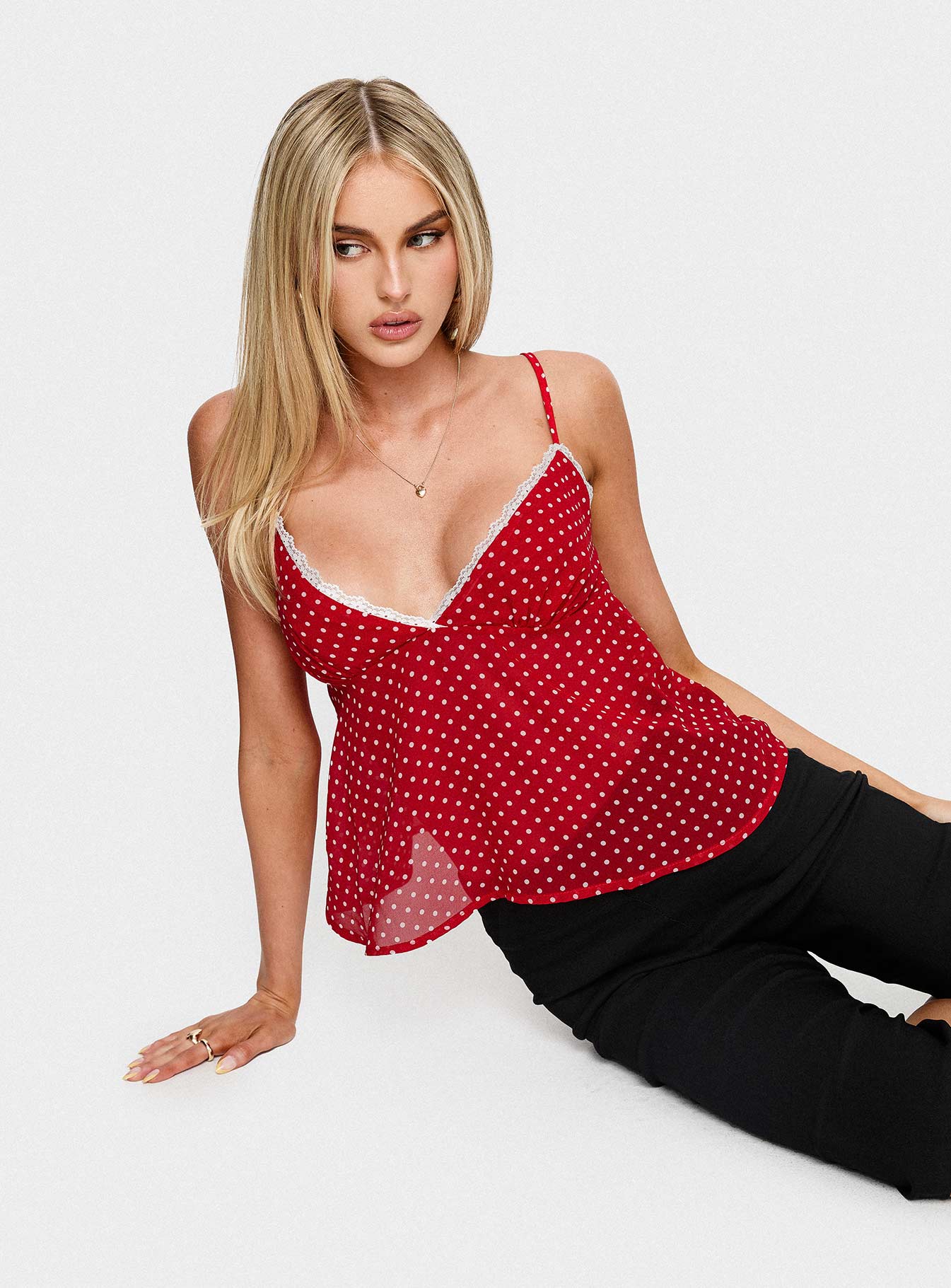 Darlyne Lace Trim Cami Top Red Polka - Image 7