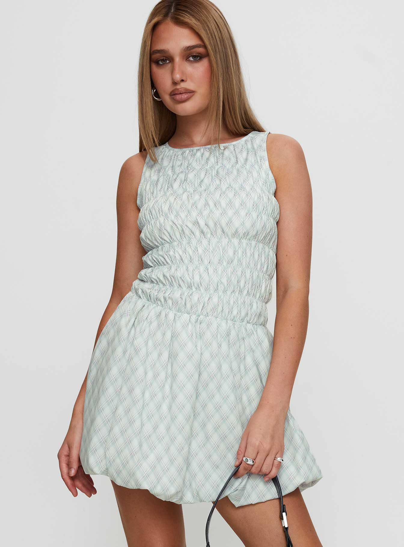 Demure Shirred Bubble Hem Mini Dress Check - Image 2