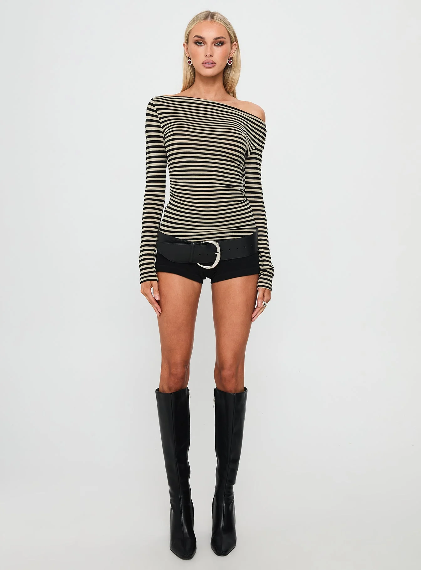 Dereka One Shoulder Long Sleeve Top Beige Stripe - Image 7