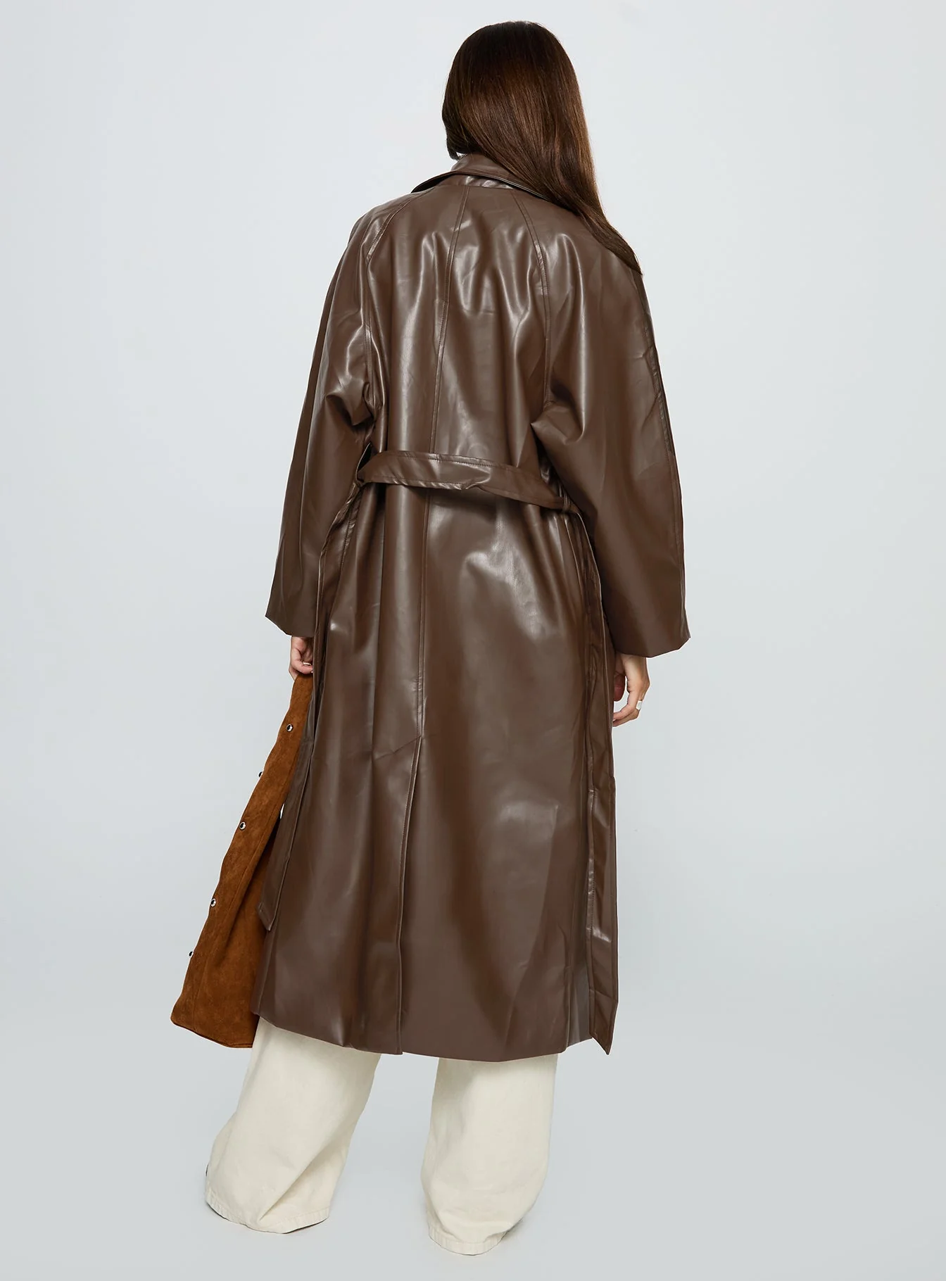 Dime A Dozen Faux Leather Trench Coat Brown - Image 5