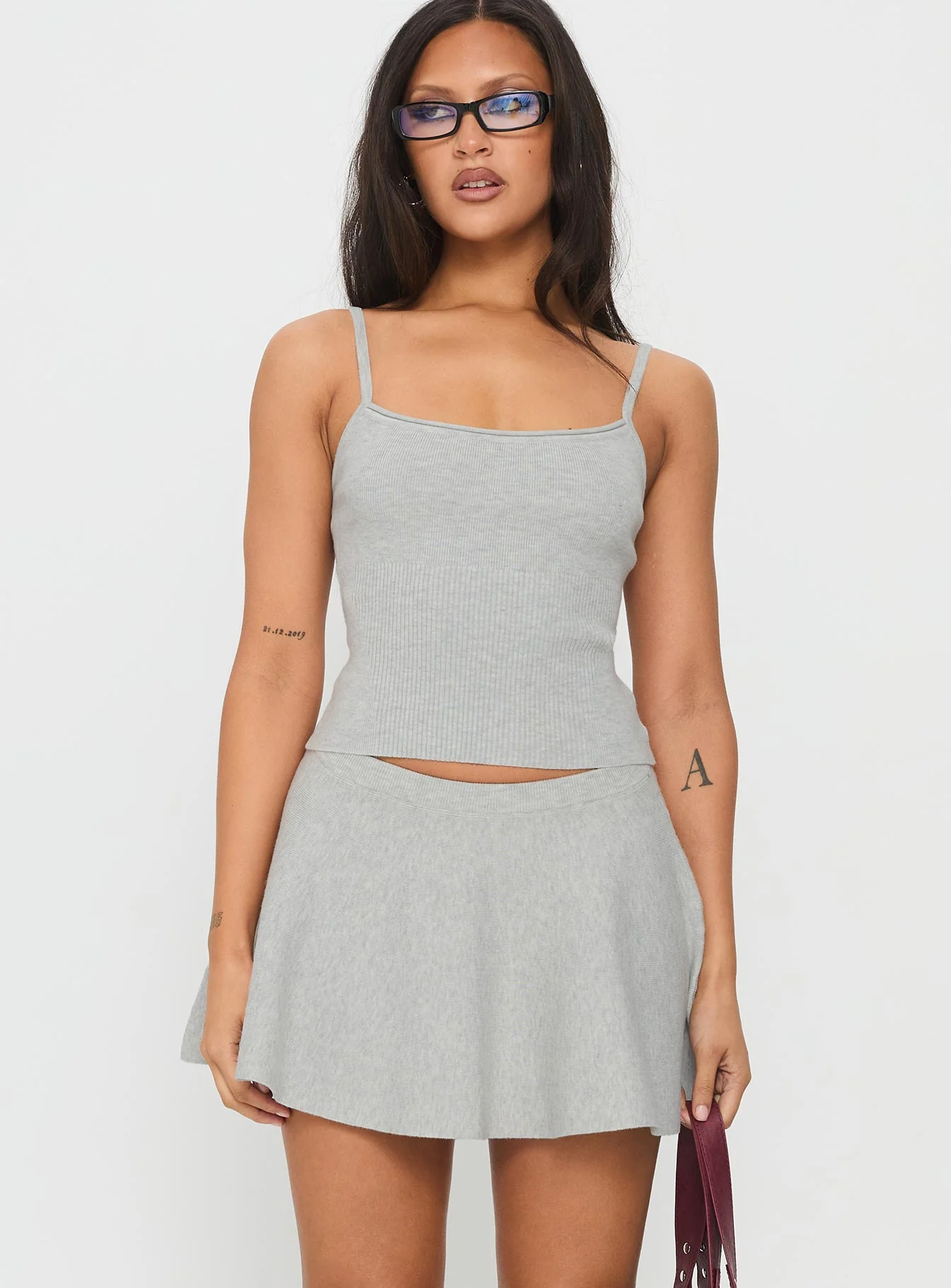 Juni Floaty Knit Mini Skirt Grey Marle - Image 2