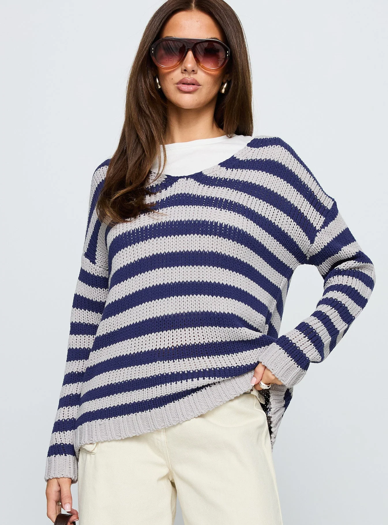 Drayven V Neck Knit Sweater Blue Stripe - Image 2
