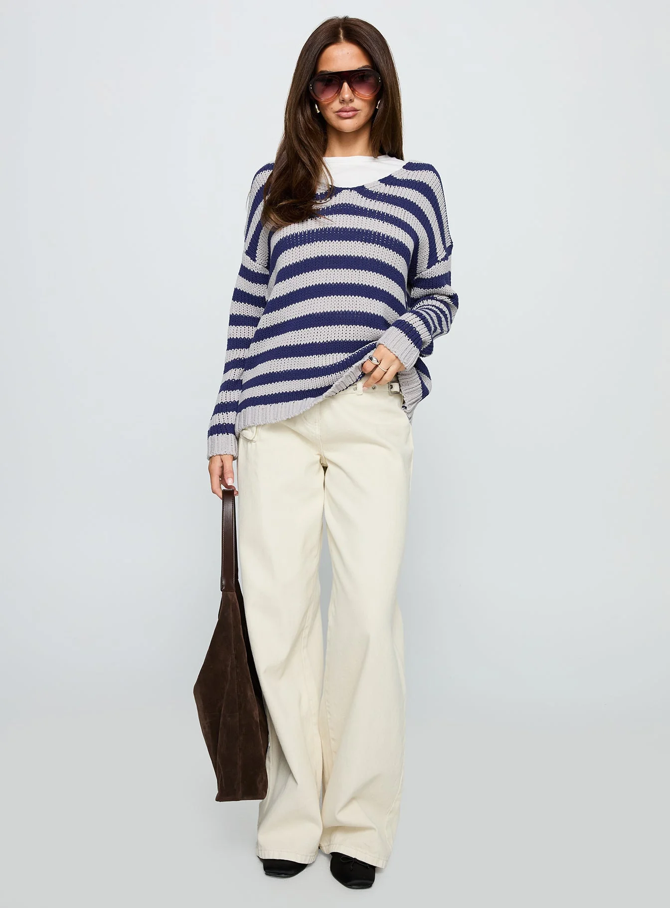 Drayven V Neck Knit Sweater Blue Stripe - Image 3
