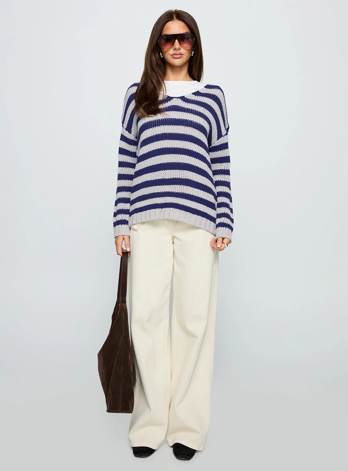 Drayven V Neck Knit Sweater Blue Stripe - Image 7