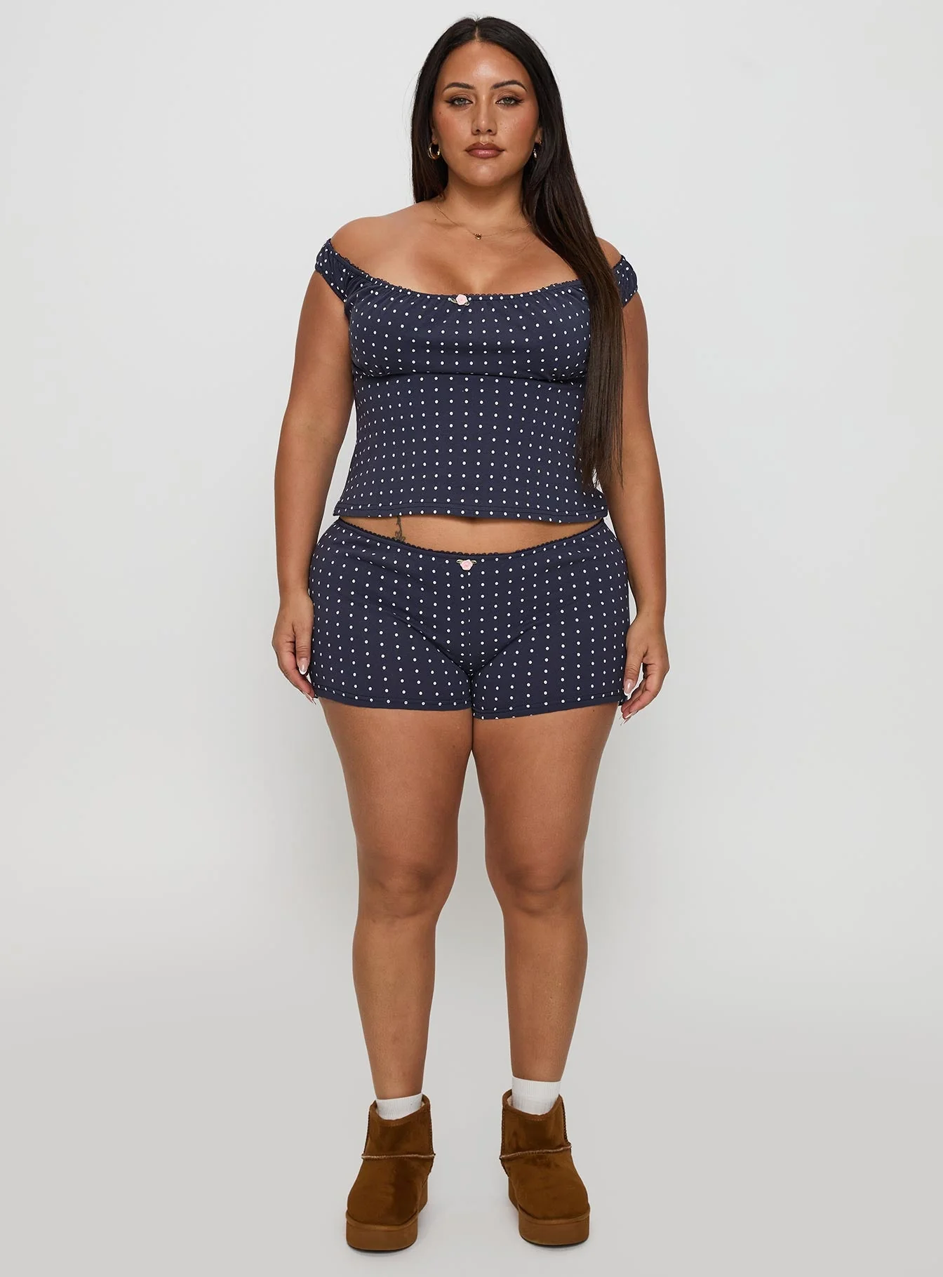 Drift Away Off The Shoulder Sleep Set Navy Dot Curve - Image 7