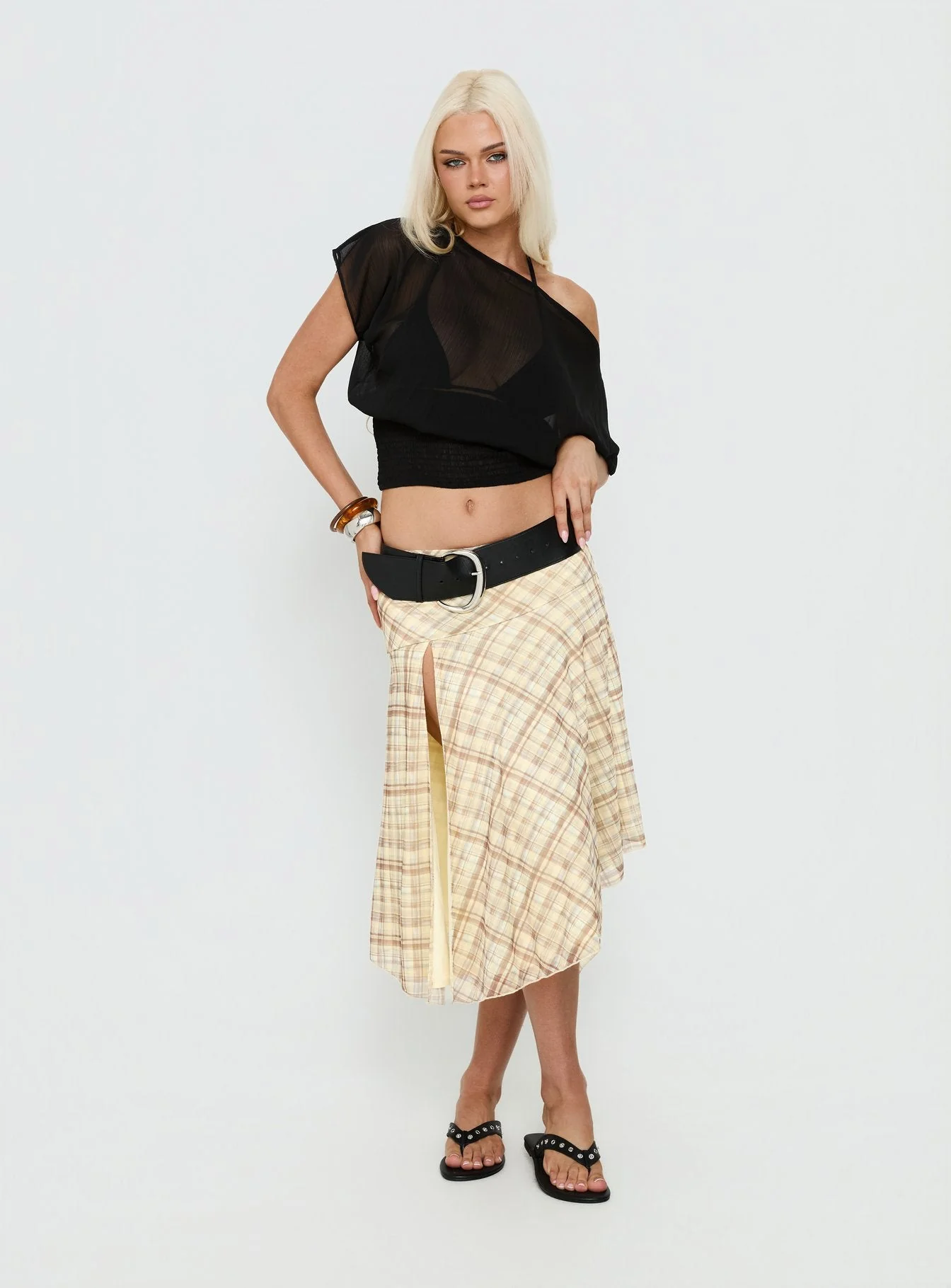 Dulciana High Split Asymmetrical Midi Skirt Multi Check - Image 2