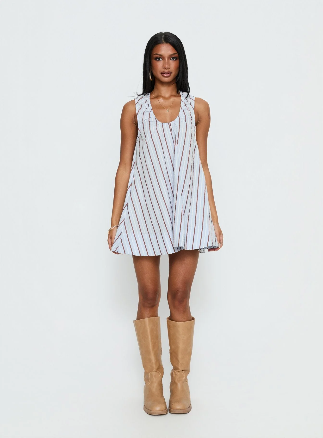 Eberta Ruched Baby Doll Mini Dress Blue Stripe - Image 4