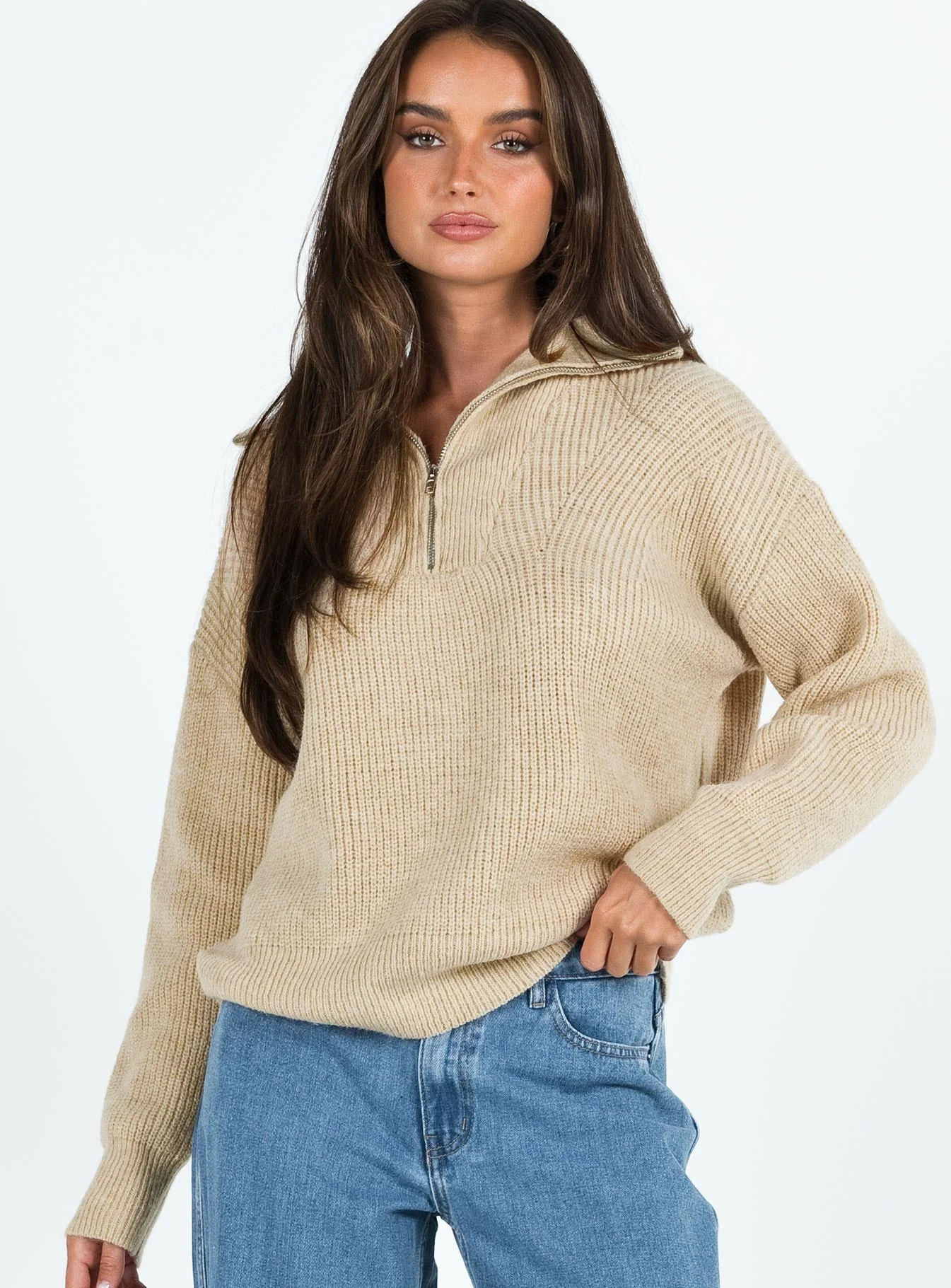 Ferry Zip Front Sweater Beige - Image 2