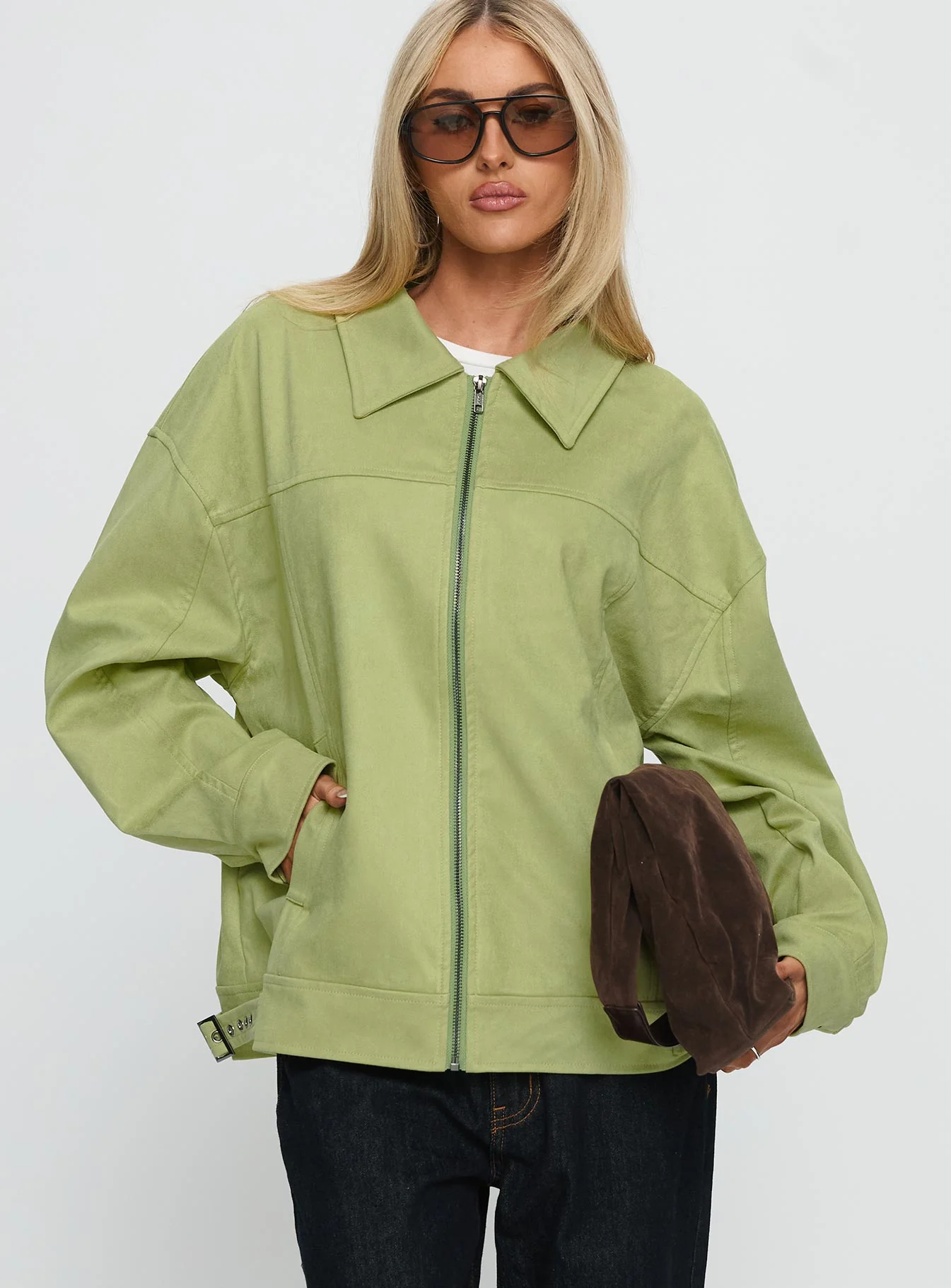 Goldsmith Faux Suede Bomber Jacket Matcha - Image 2