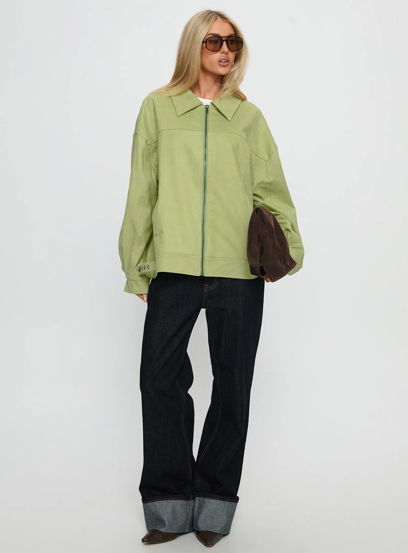 Goldsmith Faux Suede Bomber Jacket Matcha - Image 3