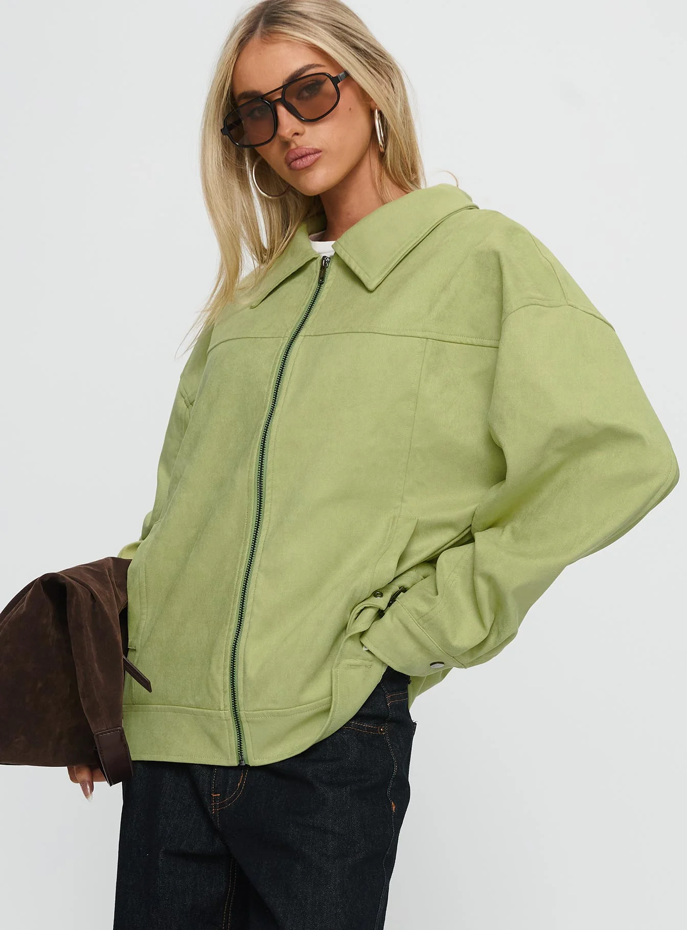 Goldsmith Faux Suede Bomber Jacket Matcha - Image 4