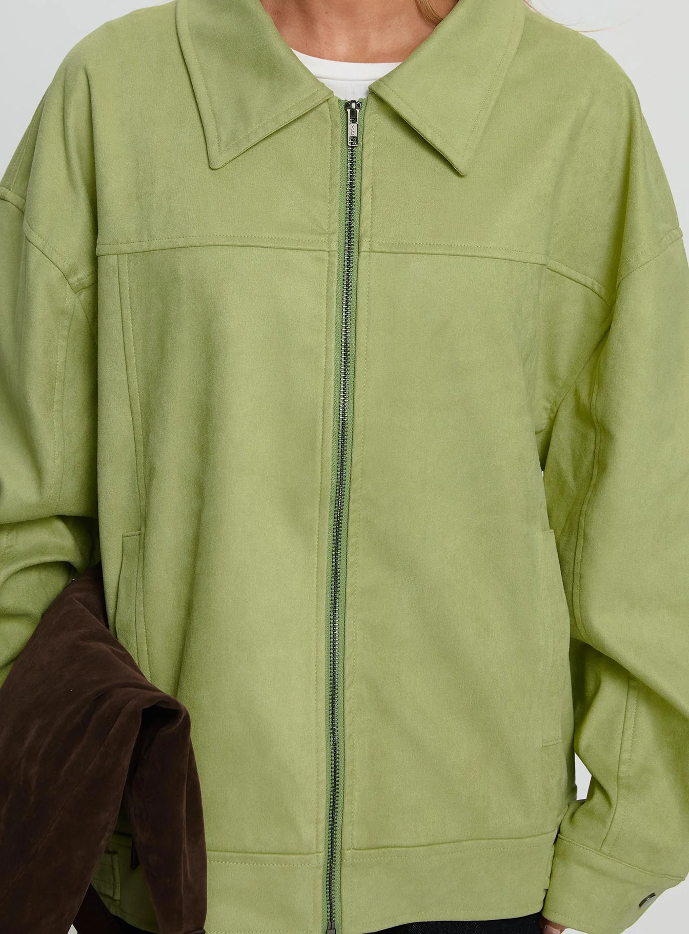 Goldsmith Faux Suede Bomber Jacket Matcha - Image 6