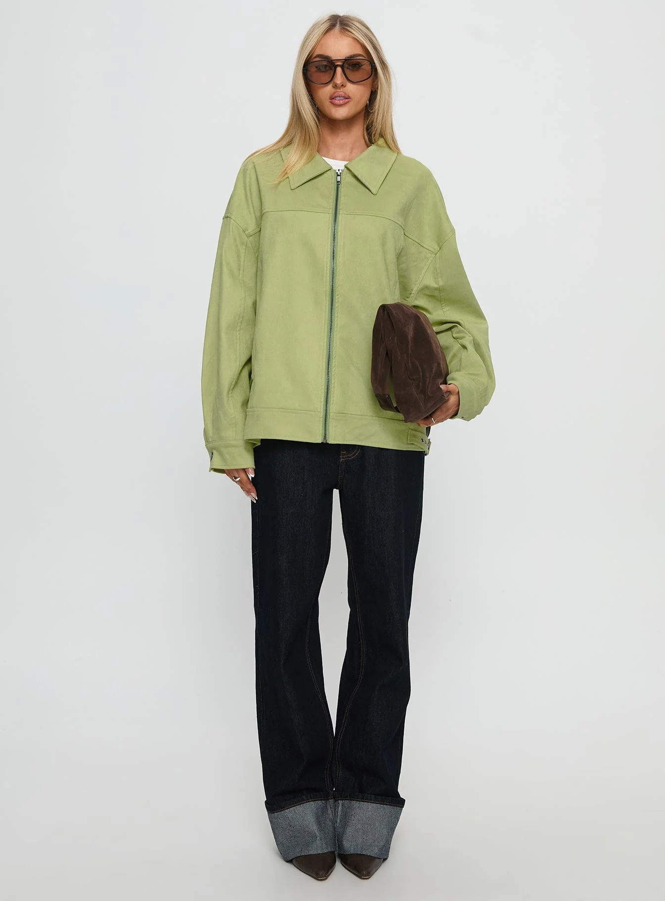 Goldsmith Faux Suede Bomber Jacket Matcha - Image 7