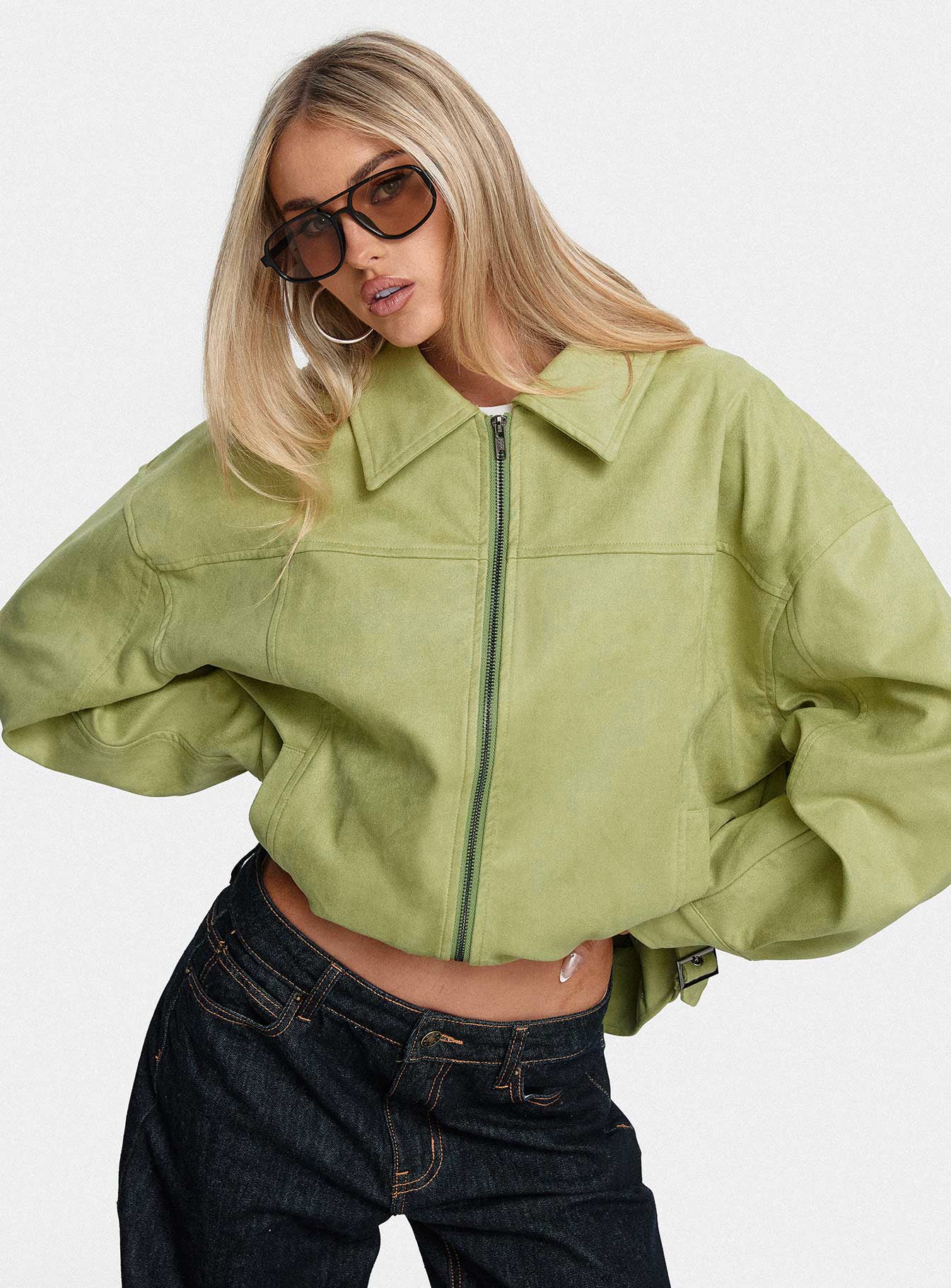 Goldsmith Faux Suede Bomber Jacket Matcha - Image 8