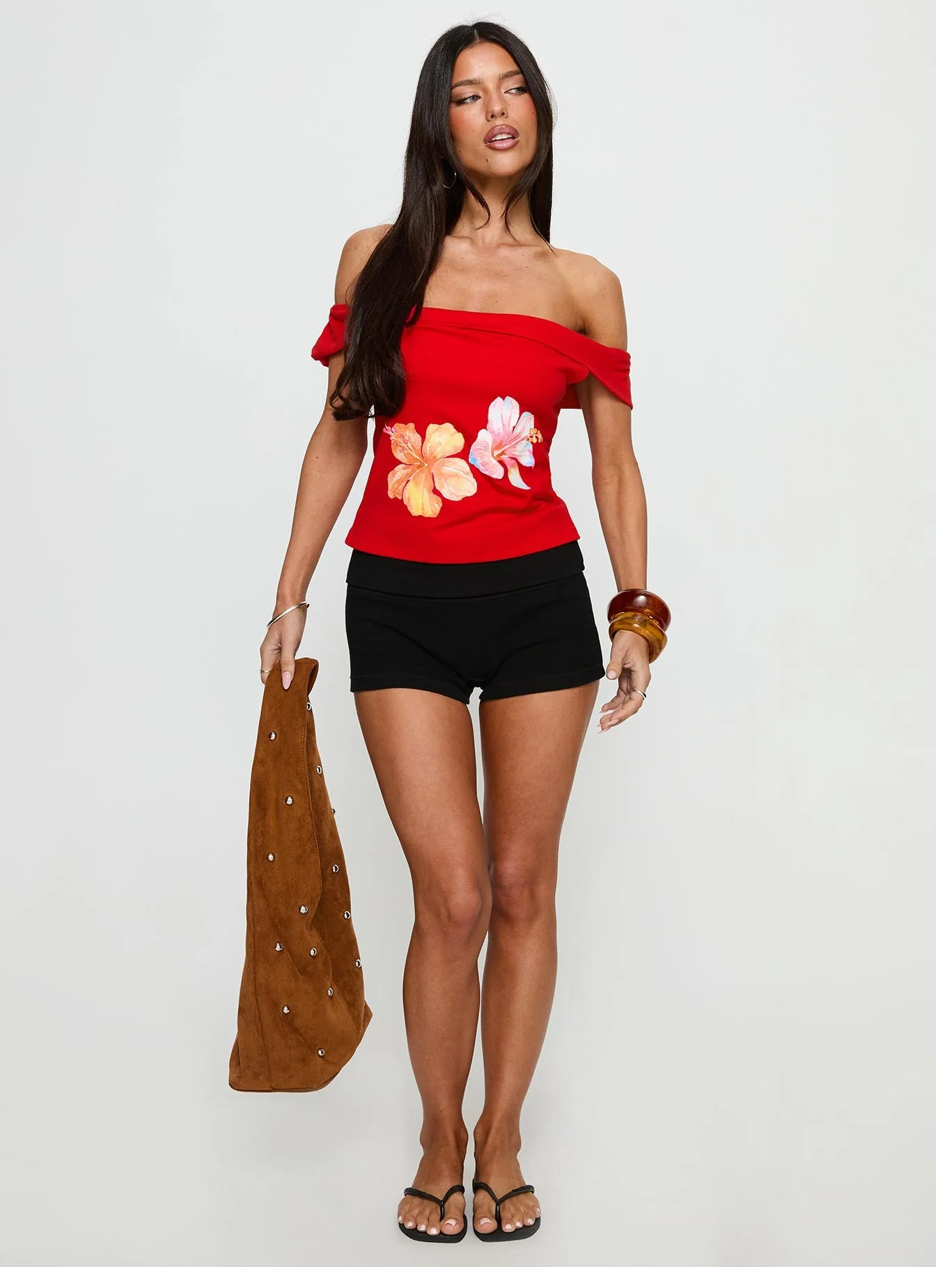 Hibiscus Haven Off Shoulder Graphic Top Red - Image 2