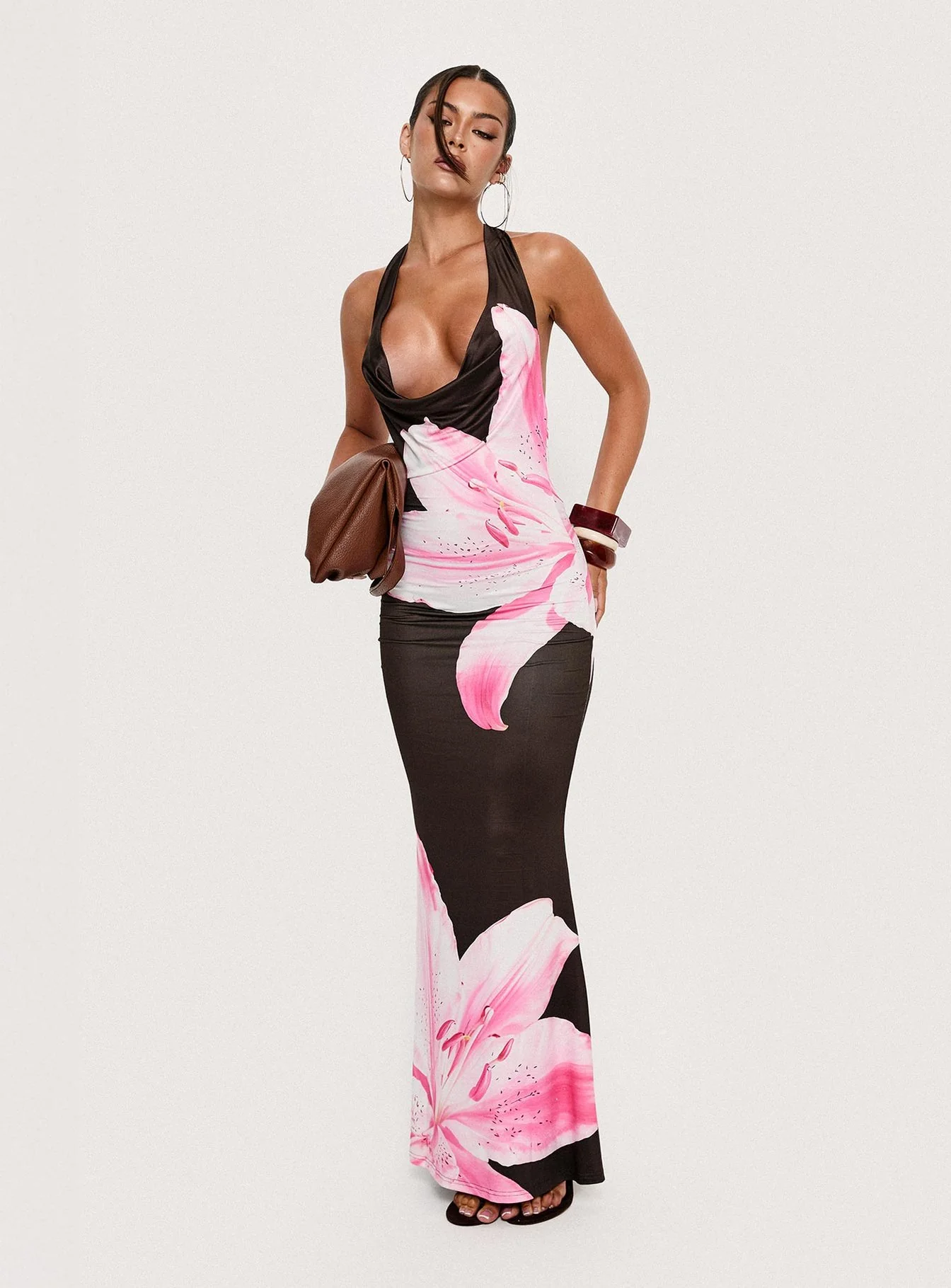 Kanara Halter Plunge Maxi Dress Chocolate / Pink Floral - Image 8