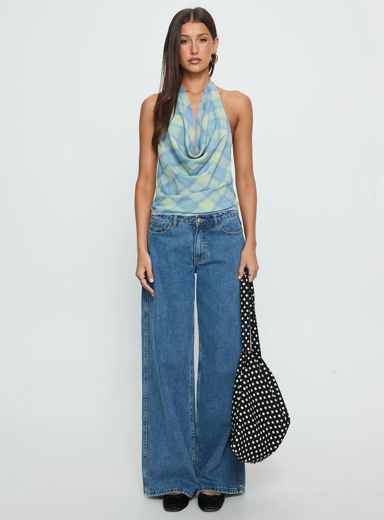 Karelyn Plunge Neck Top Teal Check - Image 7