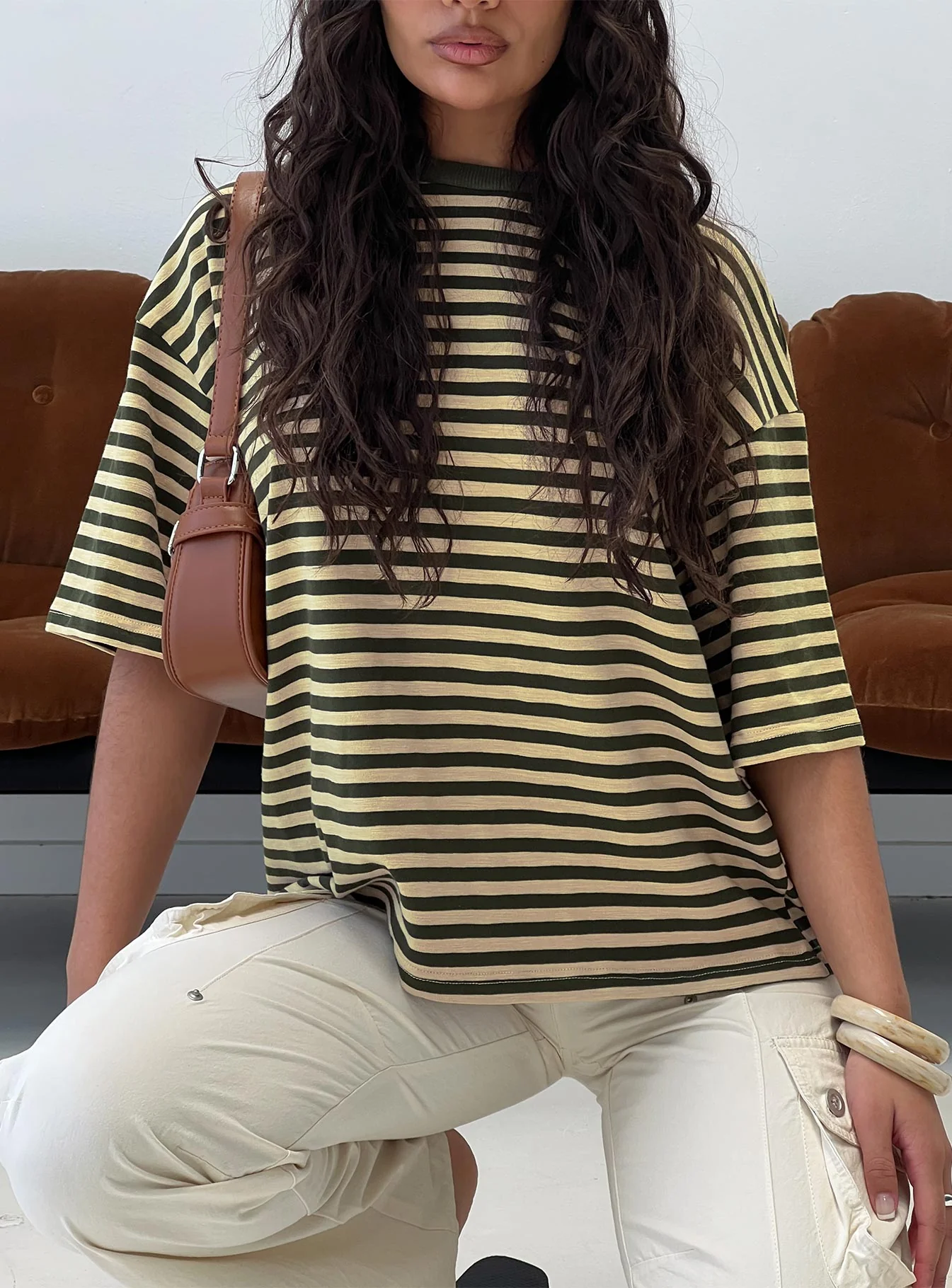 Settle Down Short Sleeve Top Green / Cream Stripe - Image 8