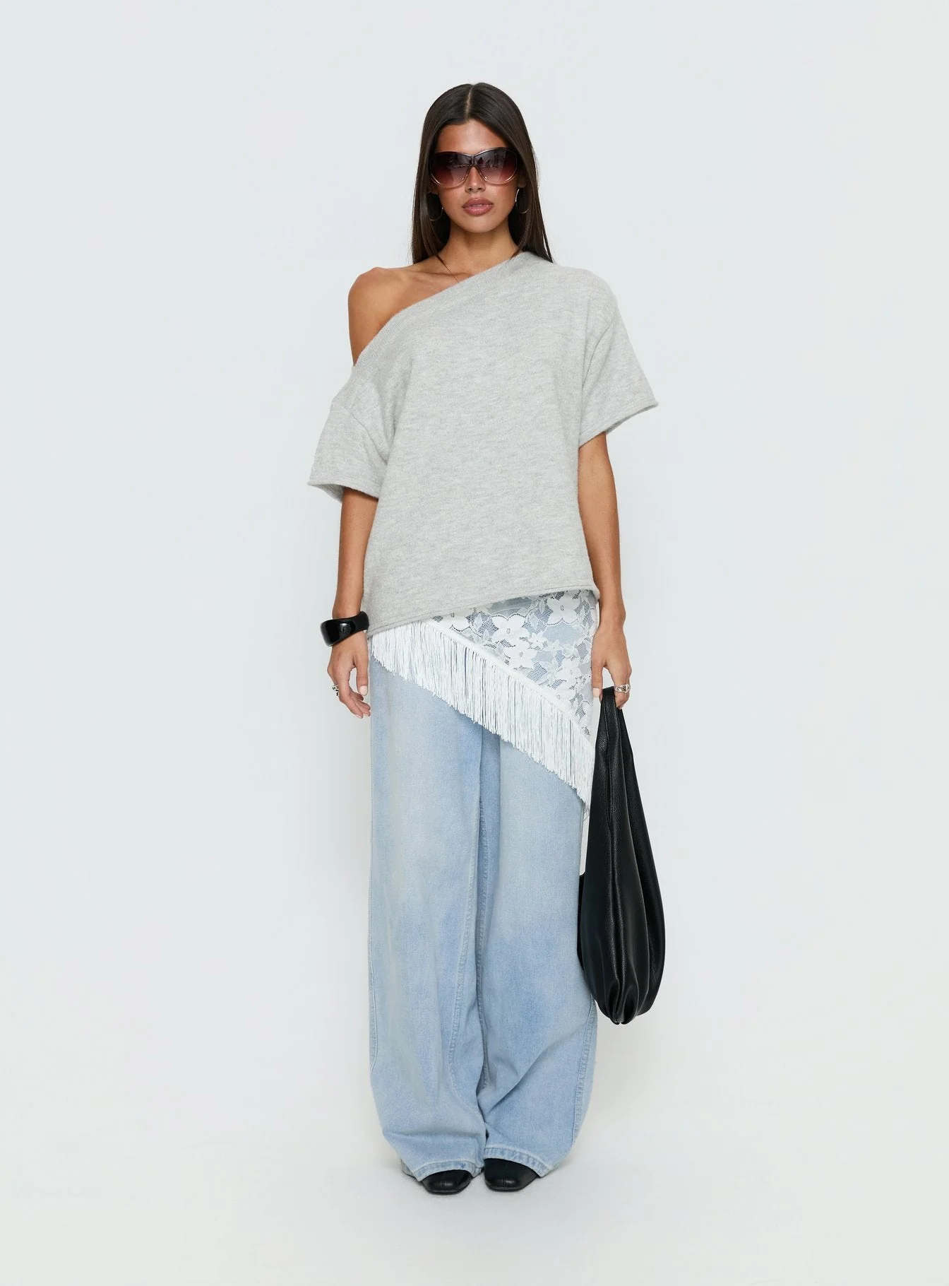Kourta Off Shoulder Oversized Knit Top Grey Marle - Image 7