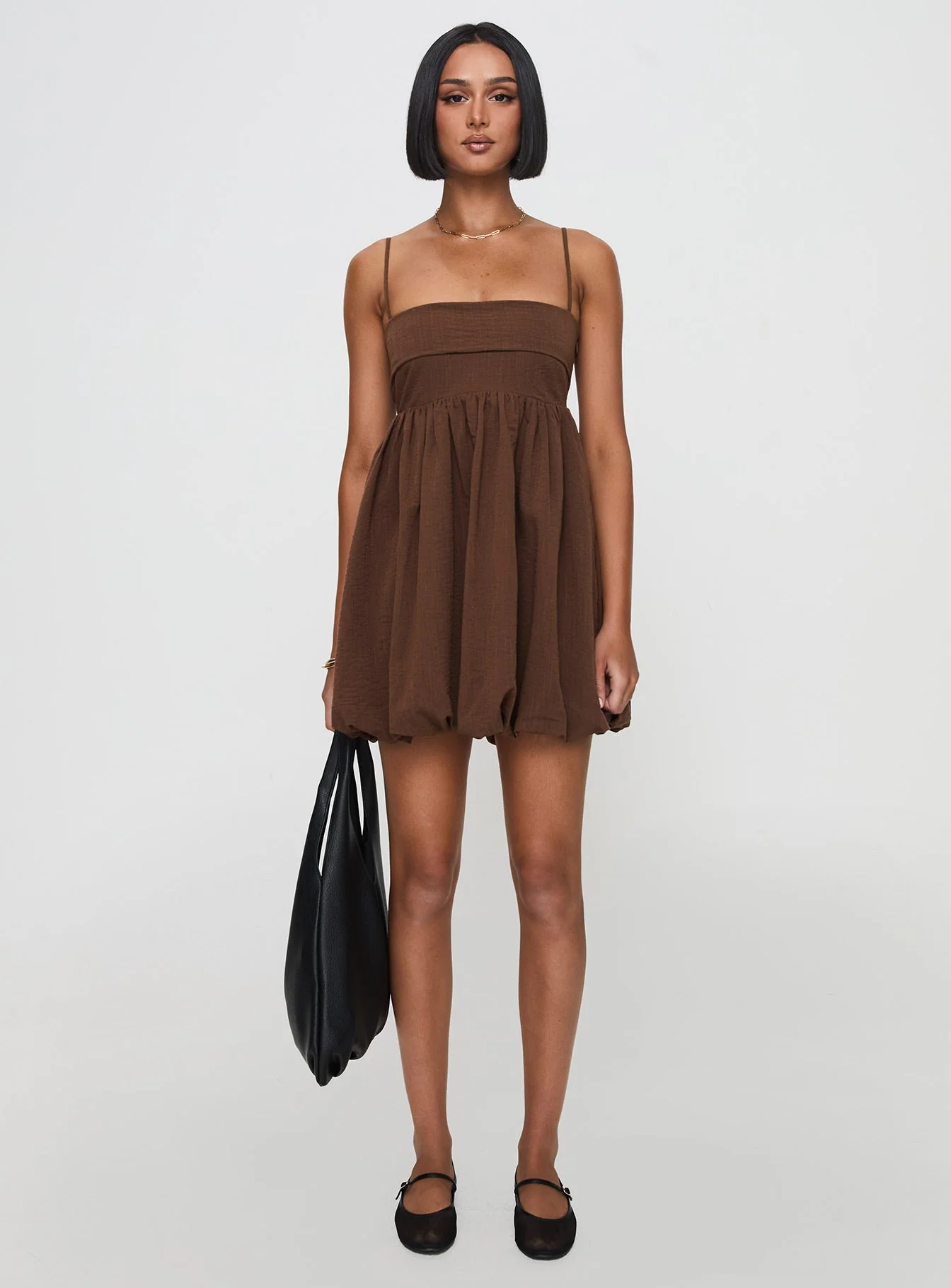 Layken Bubble Hem Mini Dress Chocolate Petite - Image 7