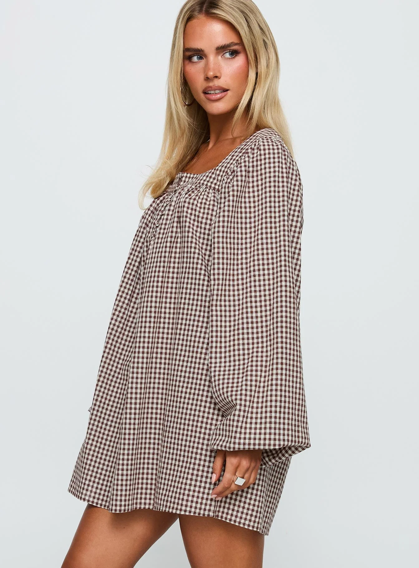 Lilibet Long Sleeve Mini Dress Brown Check - Image 3