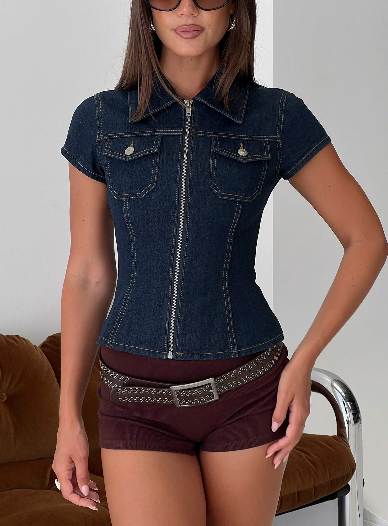 Liyana Denim Zip Up Short Sleeve Shirt Mid Blue - Image 8