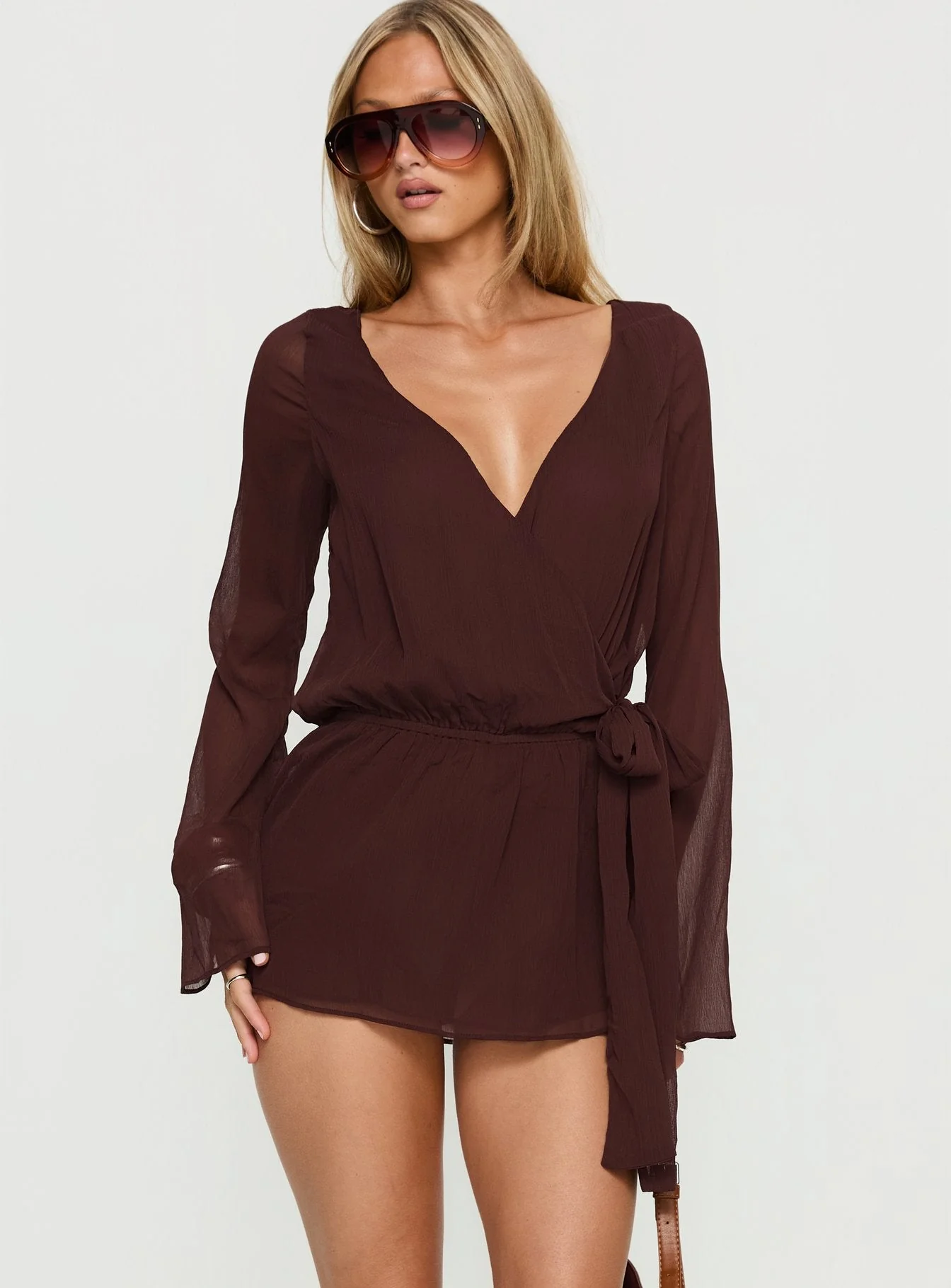 Lorianna Long Sleeve Wrap Playsuit Brown - Image 2