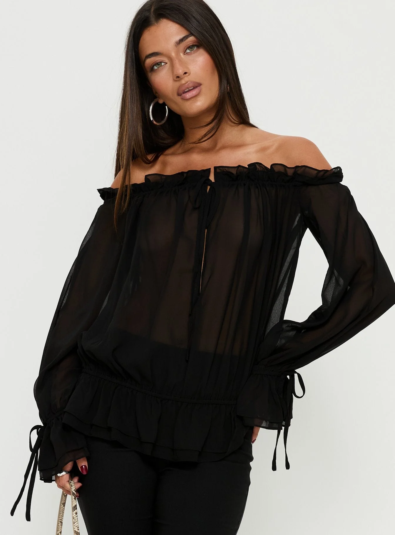 Madelina Frill Long Sleeve Top Black - Image 2