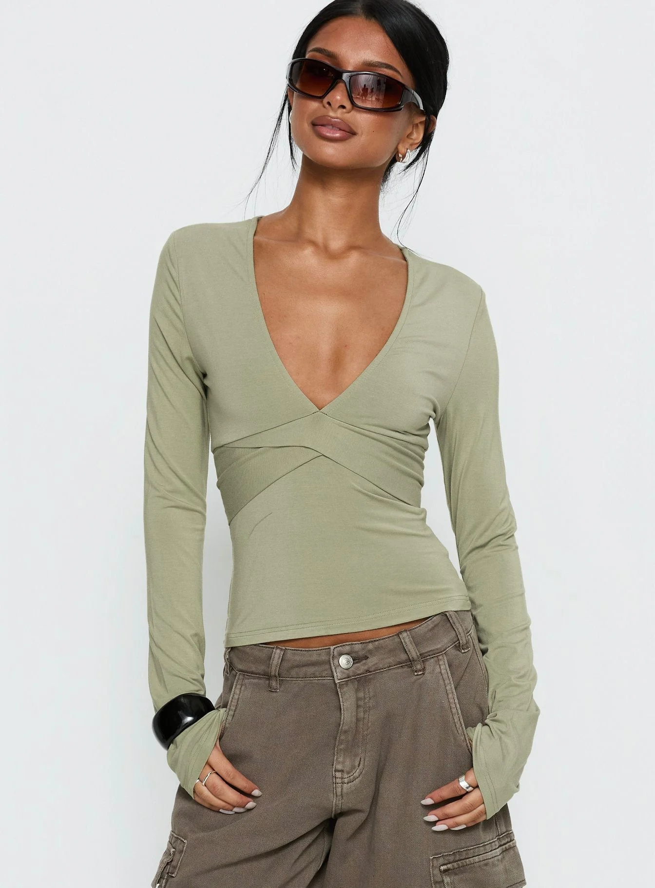 Madelon Long Sleeve Wrap Top Sage - Image 2