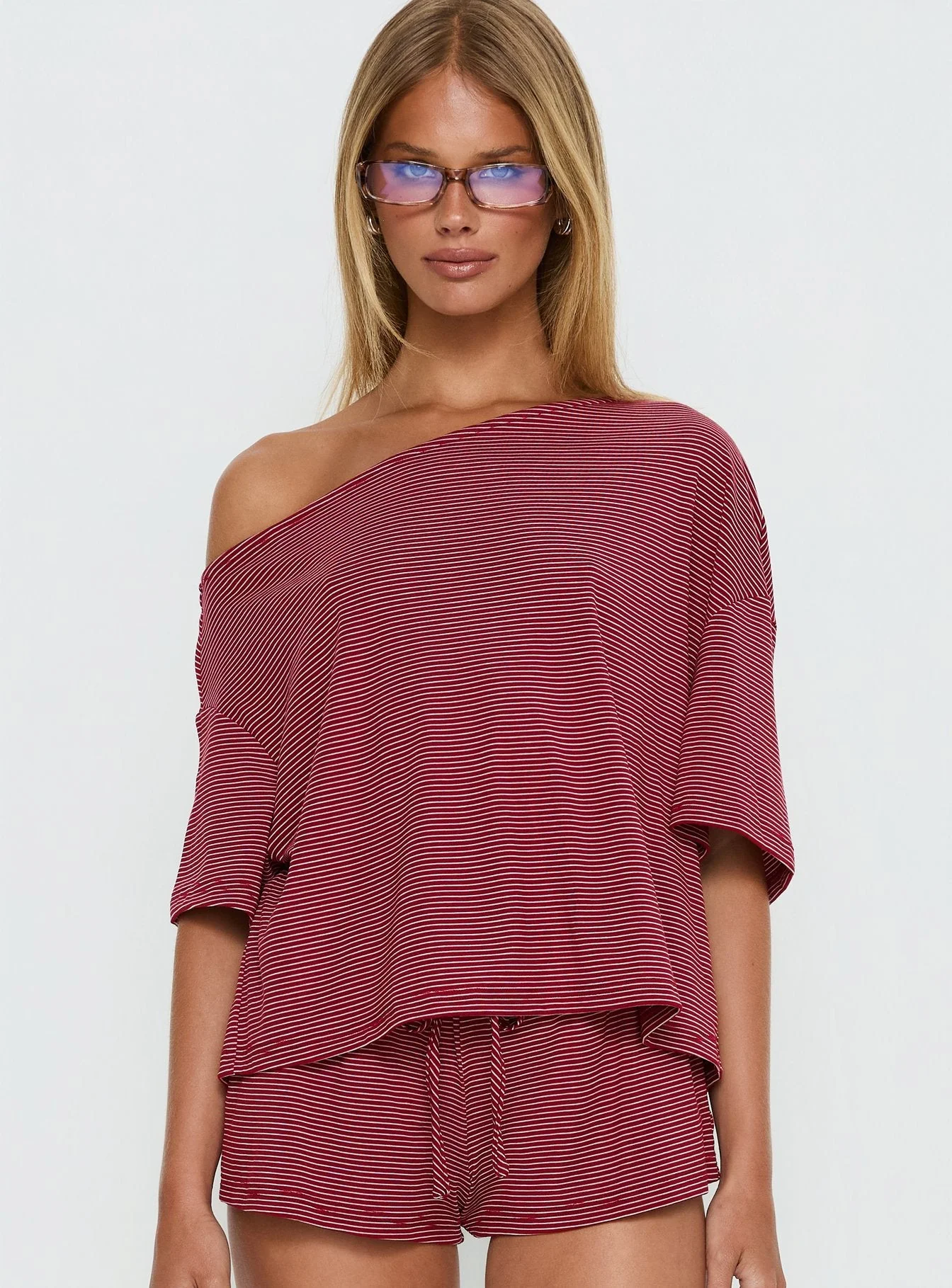 Sugar Surge Off Shoulder Sleep Top Cherry Stripe - Image 2