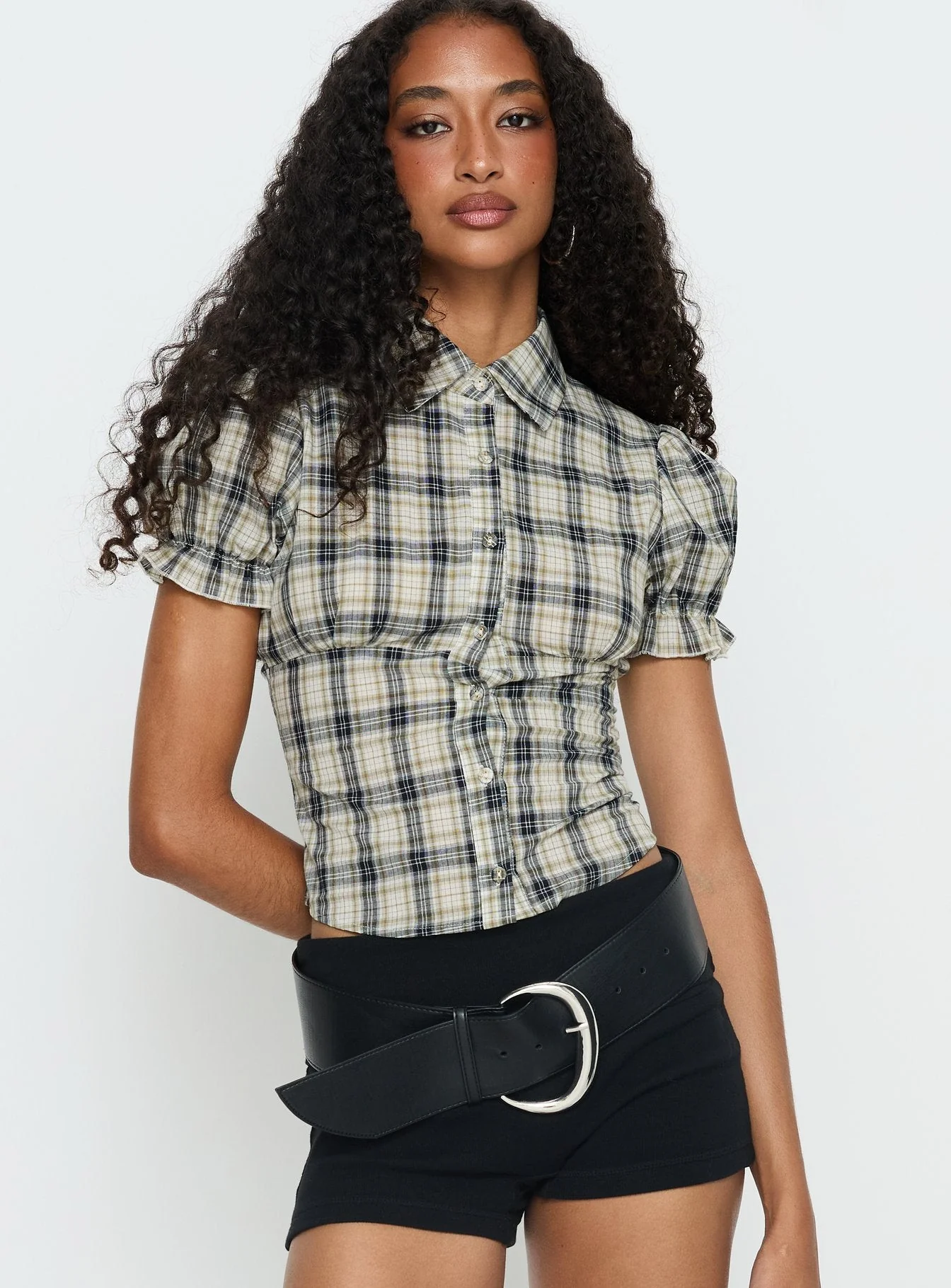 Maxfield Collared Button Up Blouse Top Multi Check - Image 2