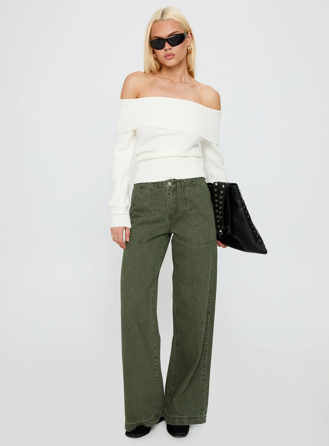 Melikah Mid Rise Baggy Cargo Jeans Green Wash - Image 3