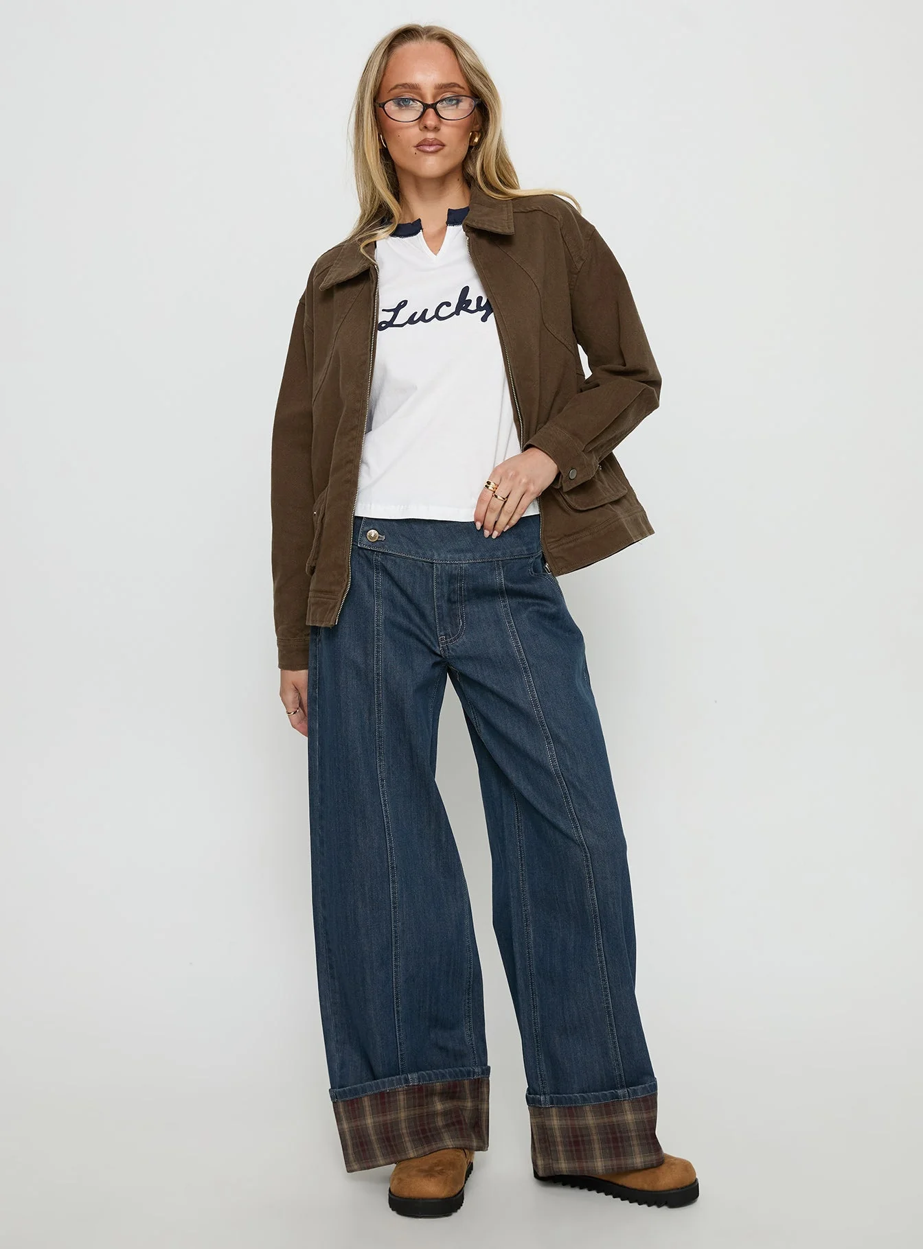 Nikoletta Foldover Jeans Dark Wash / Check - Image 3