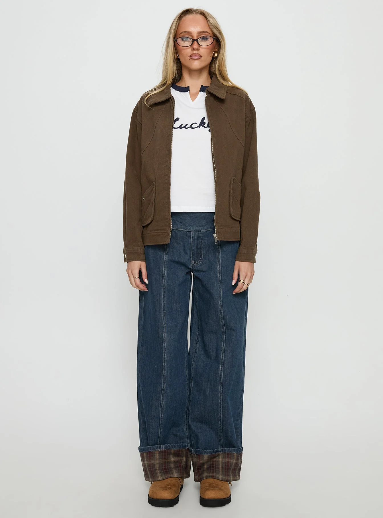 Nikoletta Foldover Jeans Dark Wash / Check - Image 8